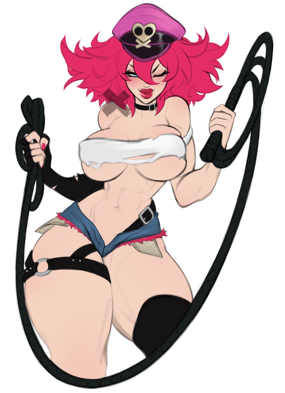 1girls, abs, blue eyes, breasts, cap, capcom, choker, cleavage, clothed, cutoffs, female, female only, final fight, half-closed eyes, hat, large breasts, lipstick, meinteil, nail polish, navel, one eye closed, pink hair, poison (final fight), short shorts, shorts, skimpy, skimpy clothes, smile, solo, spiky hair, street fighter, street fighter v, thick thighs, torn clothes, underboob, whip, wink