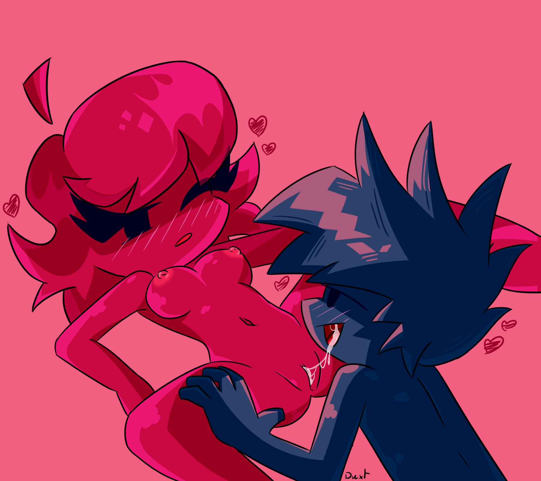 1boy, 1girls, blue eyes, blue hair, blue skin, blush, boobs, boyfriend (friday night funkin), breasts, crimson hair, cunnilingus, duo, duo focus, fellatio, female, friday night funkin, friday night funkin (minus mod), girlfriend (friday night funkin), male, minus bf (blue) (iagoanims), minus gf (iagoanims), nipples, pussy, pussy juice, pussy juice drip, red hair, red skin, saliva, saliva drip, saliva on tongue, short hair
