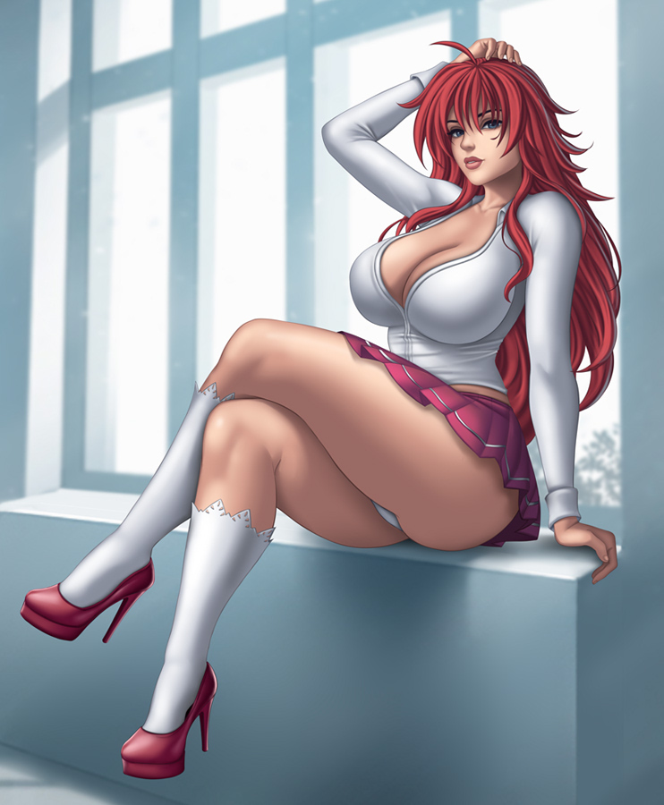1girls, 2021, 2d, 2d (artwork), adjusting hair, ass, ass cleavage, big ass, big breasts, blue eyes, breasts, cleavage, clothed, clothed female, clothing, demon, demon girl, female, female only, flowerxl, heels, high heels, high school dxd, indoors, kneehighs, large breasts, light skin, light-skinned female, lips, long hair, long sleeves, looking at viewer, no sex, not ai generated, one arm up, panties, pinup, questionable, realistic breast size, realistic proportions, red hair, rias gremory, school, school uniform, schoolgirl, skirt, socks, solo, solo female, straight hair, teenage female, teenager, uniform, voluptuous, white panties, window