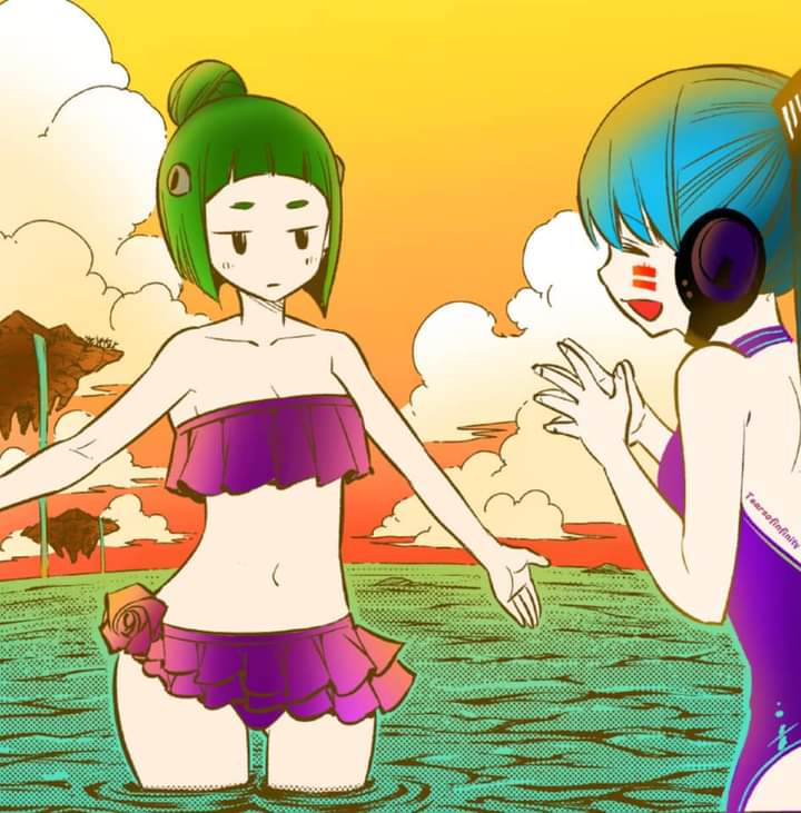 2girls artist_request beach bikini blue_bikini blue_hair blue_swimsuit closed_eyes edens_zero female_only floating_island green_bikini green_hair green_swimsuit hands_together hermit_mio kleene_rutherford long_hair neutral_expression short_hair small_breasts swimsuit tagme water