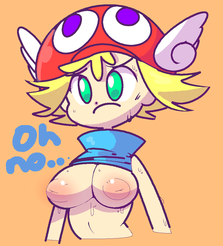 amitie areolae big_breasts blonde_hair embarrassed hat puyo_puyo puyo_puyo_fever sweat tagme vilepluff