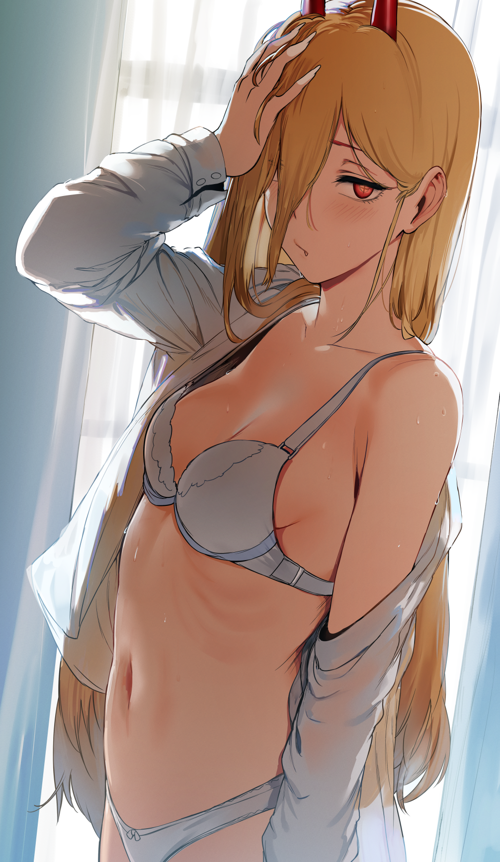 1girls, bangs, blonde hair, blush, bra, chainsaw man, female only, hand on head, hews hack, horns, long hair, looking at viewer, medium breasts, navel, orange eyes, panties, power (chainsaw man), red horns, shirt, stomach, sweat, sweatdrop, underwear, white shirt