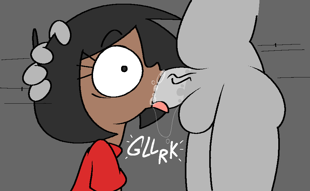 1boy, 1girls, dark skin, dark-skinned female, deepthroat, face fucking, fellatio, female, male, oral, oral sex, penis, rob (vilepluff), simple background, surprised, vilepluff, wide eyed