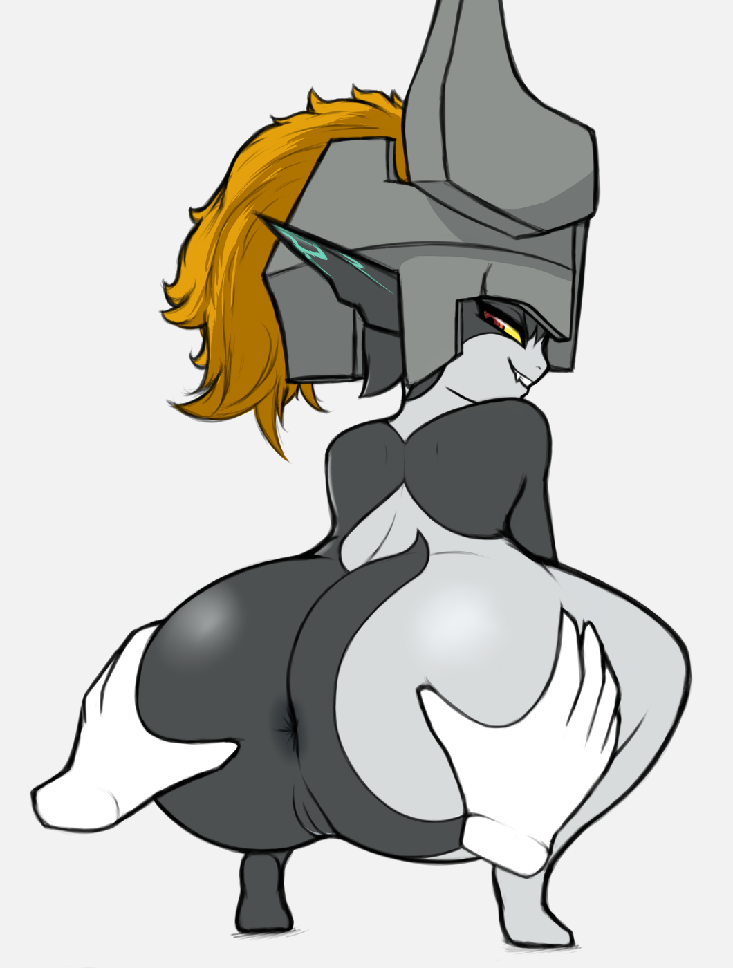 1girls, anus, ass, ass grab, big ass, black body, disembodied hand, disembodied hands, female, grey body, grin, hands on ass, helmet, huge ass, imp midna, kierus, looking back, midna, nintendo, nude, nude female, orange hair, pointy ears, pussy, rear view, red eyes, shortstack, simple background, squatting, the legend of zelda, twili, twilight princess, two-tone body, video games, white background, yellow sclera