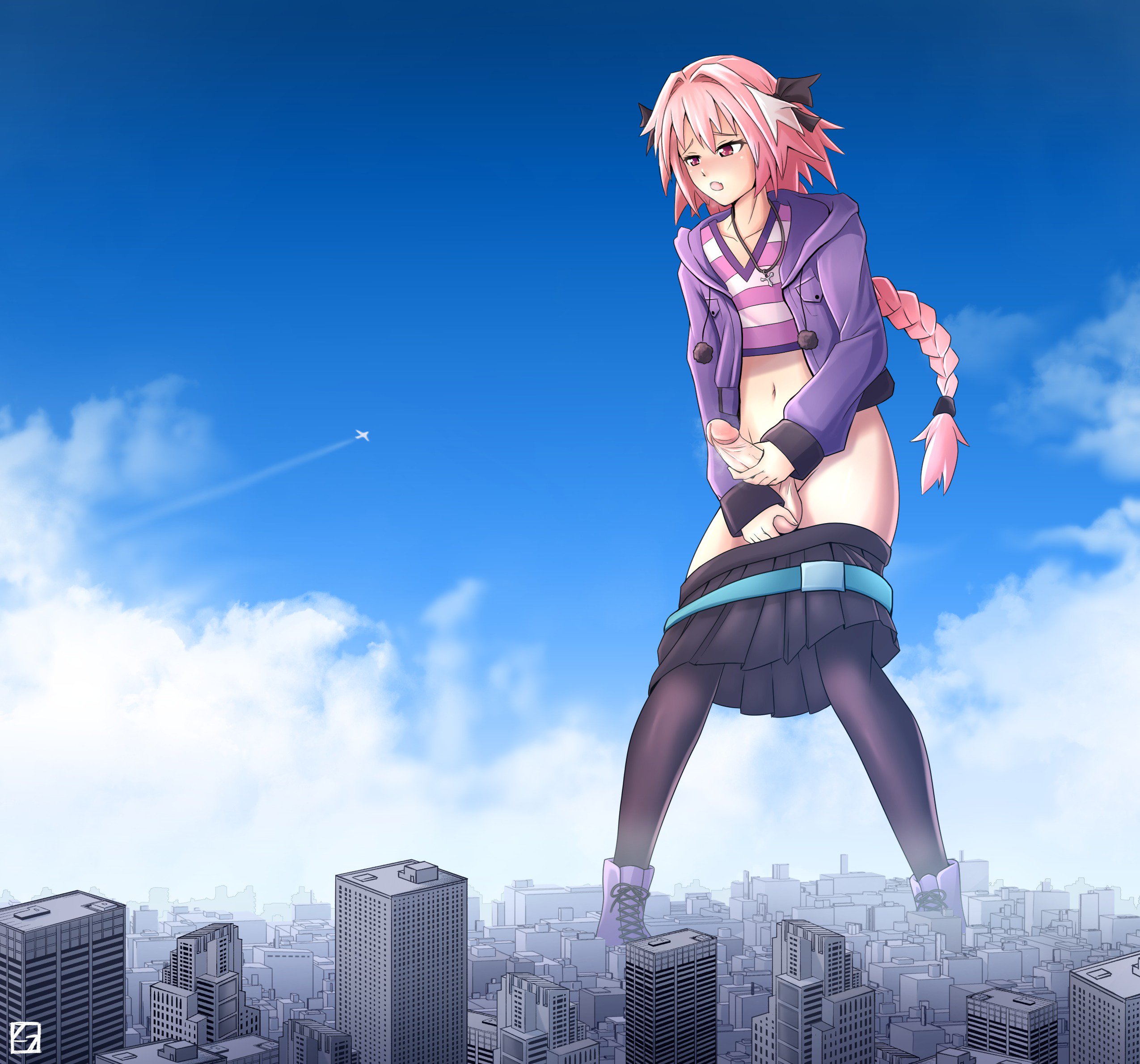 1boy, astolfo (fate), balls, city, erect penis, erection, fate (series), femboy, giant, giant femboy, giant male, holding balls, light skin, macro, male, male only, masturbation, pale in comparison, penis, pink hair, skirt down, solo, solo male, testicles, thunderafterdark, trap