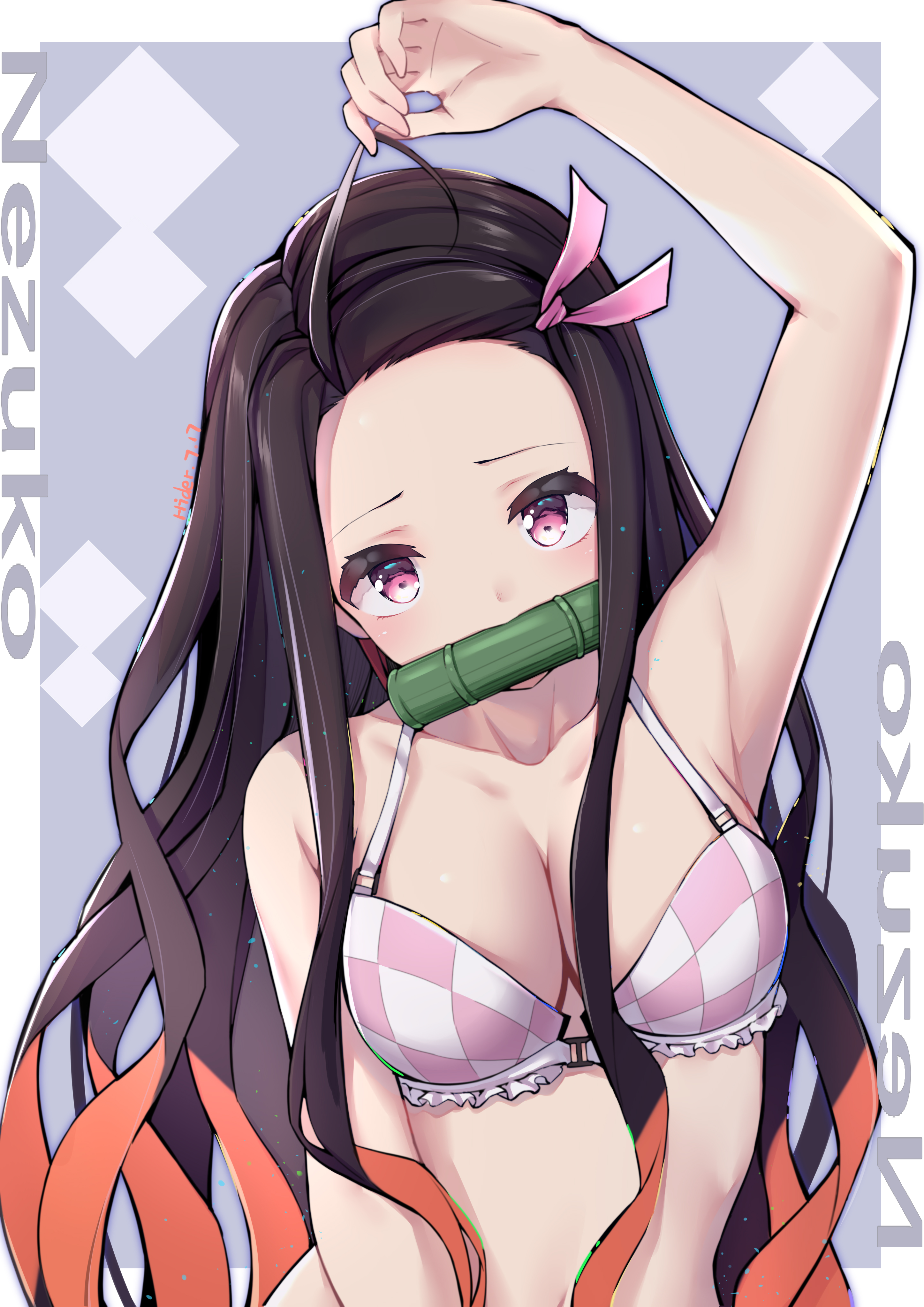 1girls, arm up, black hair, black-haired female, bra, cleavage, demon slayer, female, female only, gag, hair ribbon, hider (artist), kamado nezuko, kimetsu no yaiba, long hair, looking at viewer, pink eyes, shounen jump, solo, two-tone hair, upper body