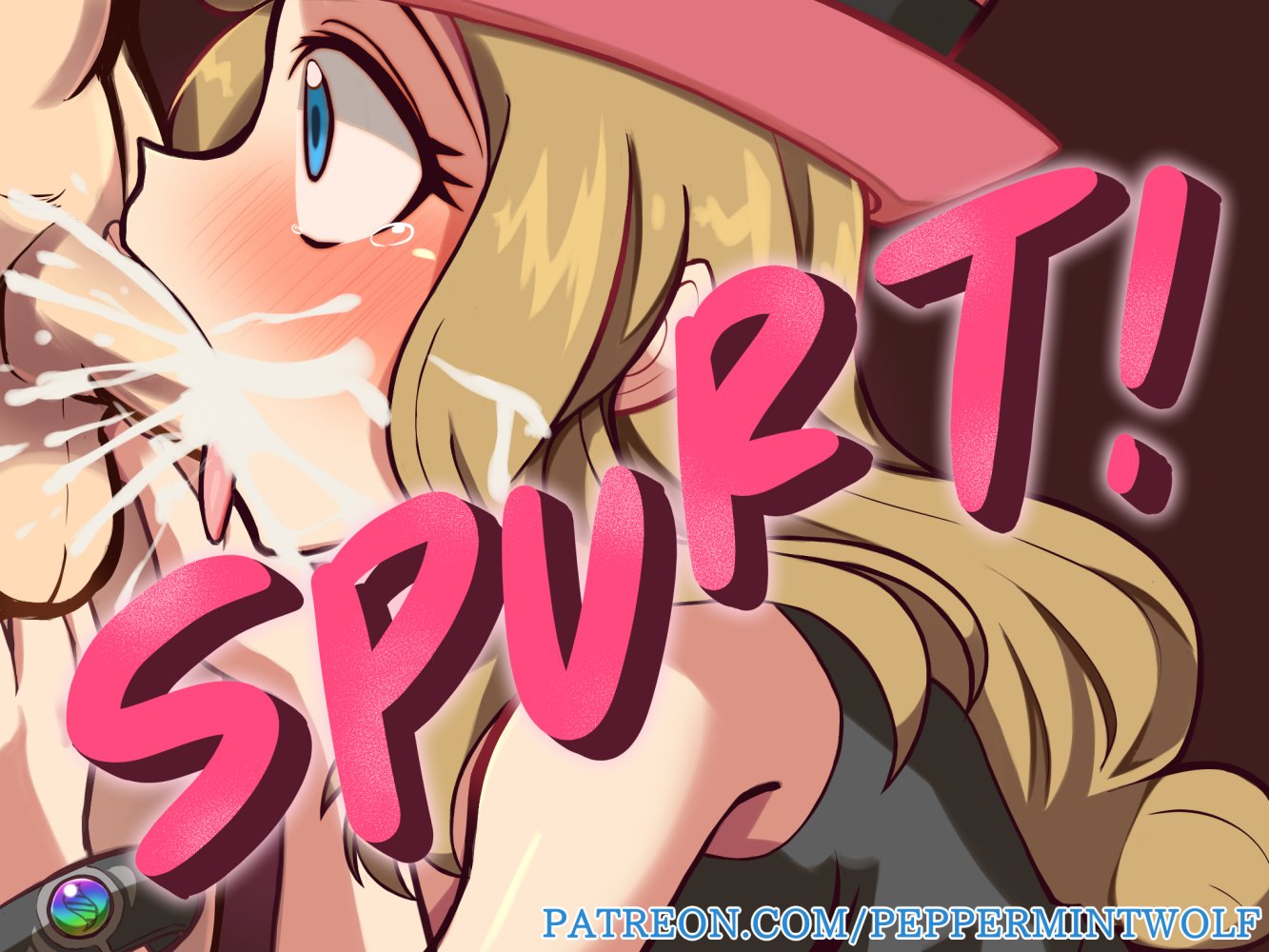 1boy, 1girls, balls, blonde hair, blowjob, blue eyes, blush, brown hair, clothed female nude male, cum, cum in mouth, cum in throat, cum inside, eye contact, fellatio, female, hand on hip, hat, long hair, male, nintendo, oral, penis, peppermintwolf, petite, pokemon, pokemon xy, saliva, saliva string, saliva trail, serena (pokemon games), serena (pokemon), testicles, tight throat, tongue, tongue out, veiny penis