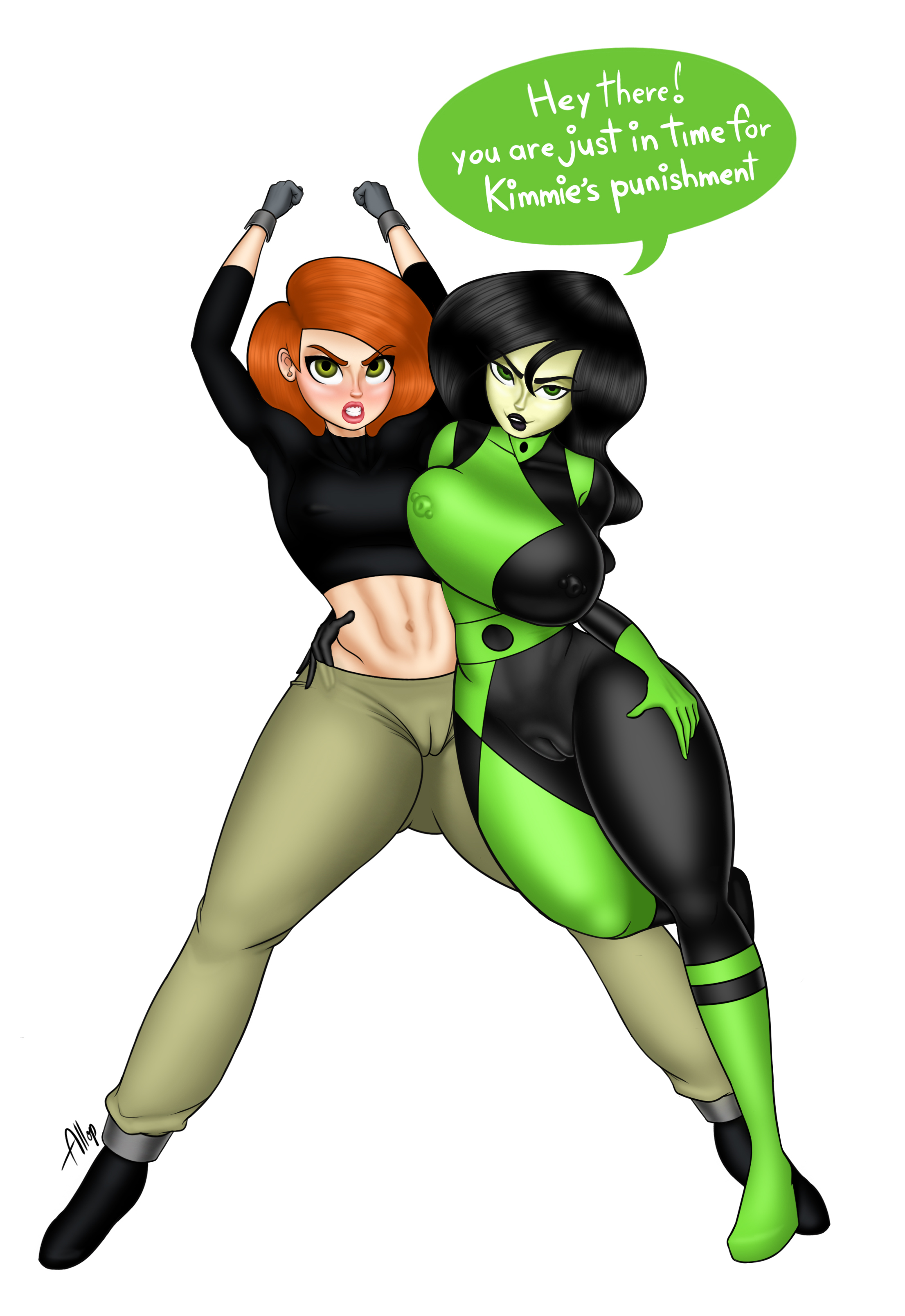 2girls, age difference, allop, angry, ass, big ass, big breasts, big butt, biting lip, bodysuit, bondage, breasts, cameltoe, dark hair, dialogue, disney, disney channel, dominant female, domination, dominatrix, erect nipples, erect nipples under clothes, female, female only, female protagonist, full body, green eyes, green skin, huge breasts, kim possible, kimberly ann possible, legs apart, legs held open, legs spread, looking at viewer, nipple bulge, nipple piercing, nipples, piercing, pokies, pussy, red hair, seductive, seductive eyes, seductive look, shego, skin tight, small breasts, thick thighs, tied up, white background, wide hips, yuri