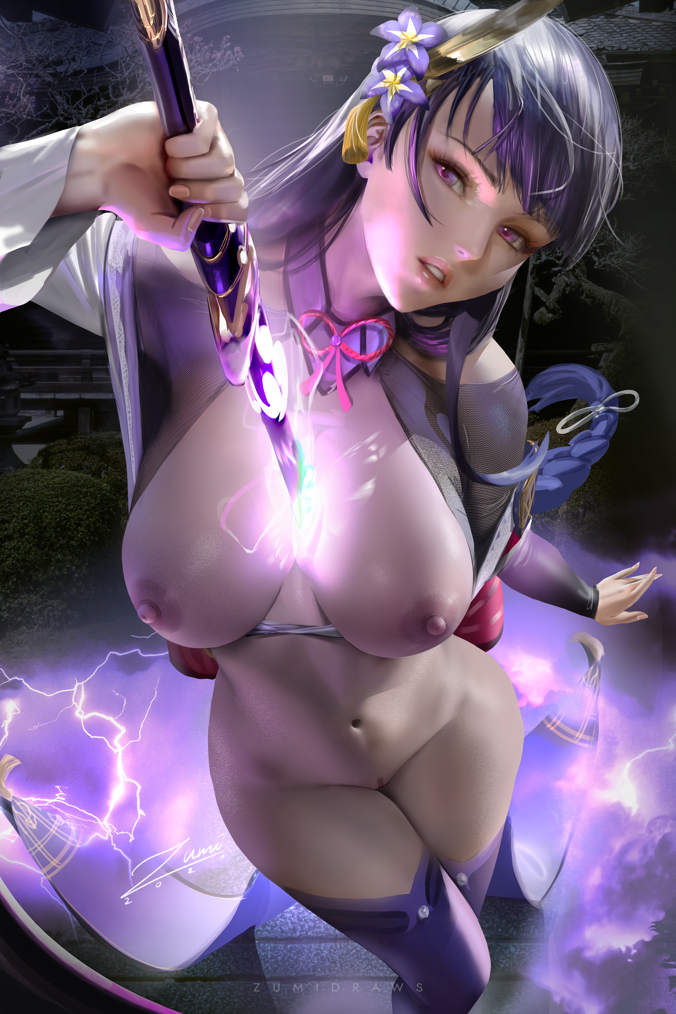 1girls, 2021, alternate version available, areolae, artist signature, boots, breasts, breasts out, dark background, erect nipples, female, female focus, female only, flower hair ornament, genshin impact, hair ornament, head tilt, hi res, holding weapon, large areolae, large breasts, lightning, long hair, looking at viewer, naked footwear, nipples, nude, nude female, purple boots, purple eyes, purple hair, pussy, raiden shogun, sword, sword between breasts, thick thighs, thigh boots, thighs, uncensored, vagina, version with pubic hair available, weapon, zumi, zumi (zumidraws)