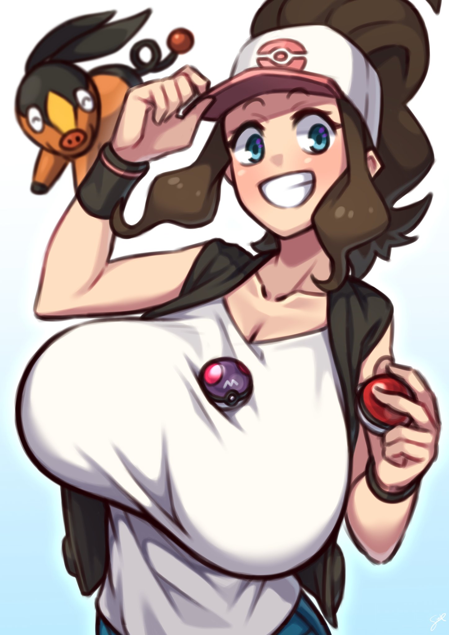 1girls, alternate breast size, between breasts, big breasts, blue eyes, blush, bracelet, breasts, brown hair, cleavage, coffeelove68, collarbone, enormous breasts, eyebrows, eyelashes, female, female focus, gradient background, happy, hilda (pokemon), huge breasts, human, humanoid, jeans, large breasts, looking at viewer, master ball, pokeball, pokemon, simple background, smile, smiling, smiling at viewer, tank top, teeth, tepig, white shirt