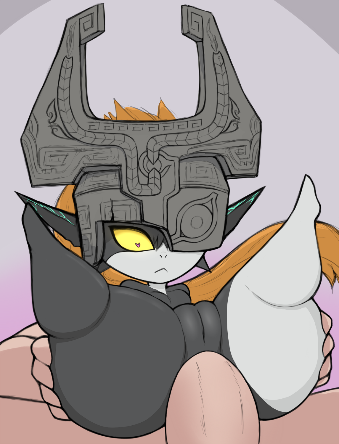 1boy, 1girls, anal, anal penetration, anal sex, ass, big ass, black body, female, female penetrated, gradient background, hands on ass, heart-shaped pupils, helmet, imp midna, kierus, larger male, legs up, light skin, light-skinned male, male, male penetrating, male penetrating female, male/female, midna, nintendo, nude, one eye covered, orange hair, penetration, penis, pointy ears, pussy, sex, shortstack, size difference, smaller female, spread legs, the legend of zelda, thick thighs, thighs, twili, twilight princess, two-tone body, video games, white body, yellow sclera