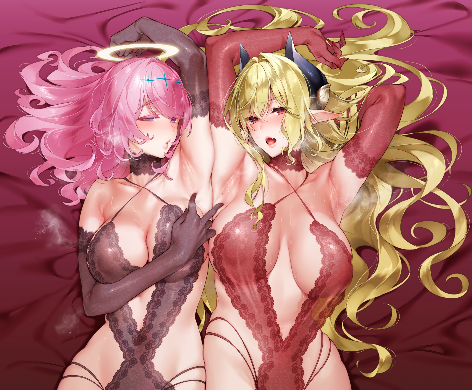 2020, 2girls, alternate version at source, alternate version available, angel, angel and devil, armpit fetish, armpit spread, armpits, arms up, bangs, blonde hair, blush, breasts, choker, cleavage, covered nipples, demon, demon girl, demon horns, elbow gloves, female, fingernails, gloves, grey gloves, hair intakes, halo, heavy breathing, highleg, highres, hizuki akira, horns, large breasts, long fingernails, long hair, looking at viewer, lying, mole, mole on armpit, multiple females, multiple girls, on back, open mouth, original, pink eyes, pink hair, presenting armpit, red eyes, red gloves, spread armpit, steam, steaming body, underwear, underwear only