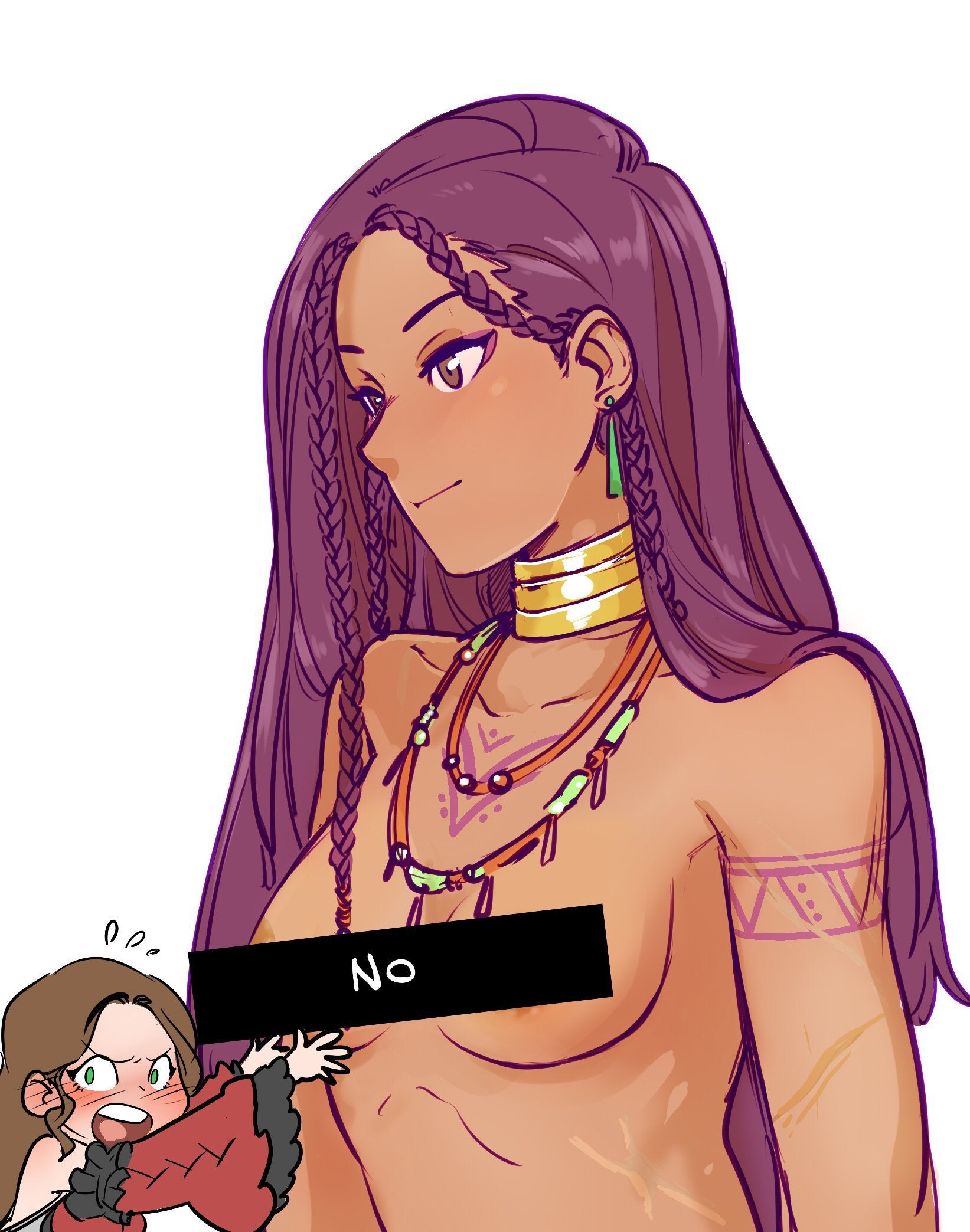2girls, alternate hairstyle, blush, braid, breaking the fourth wall, breasts, censored, completely nude, dark skin, dark-skinned female, dorothea arnault, earrings, embarrassed, female, female only, fire emblem, fire emblem: three houses, hair down, humor, long hair, nintendo, no, nude, nude female, petra macneary, post-timeskip, purple hair, small breasts, smile, solo focus, ticcytx, upper body, white background