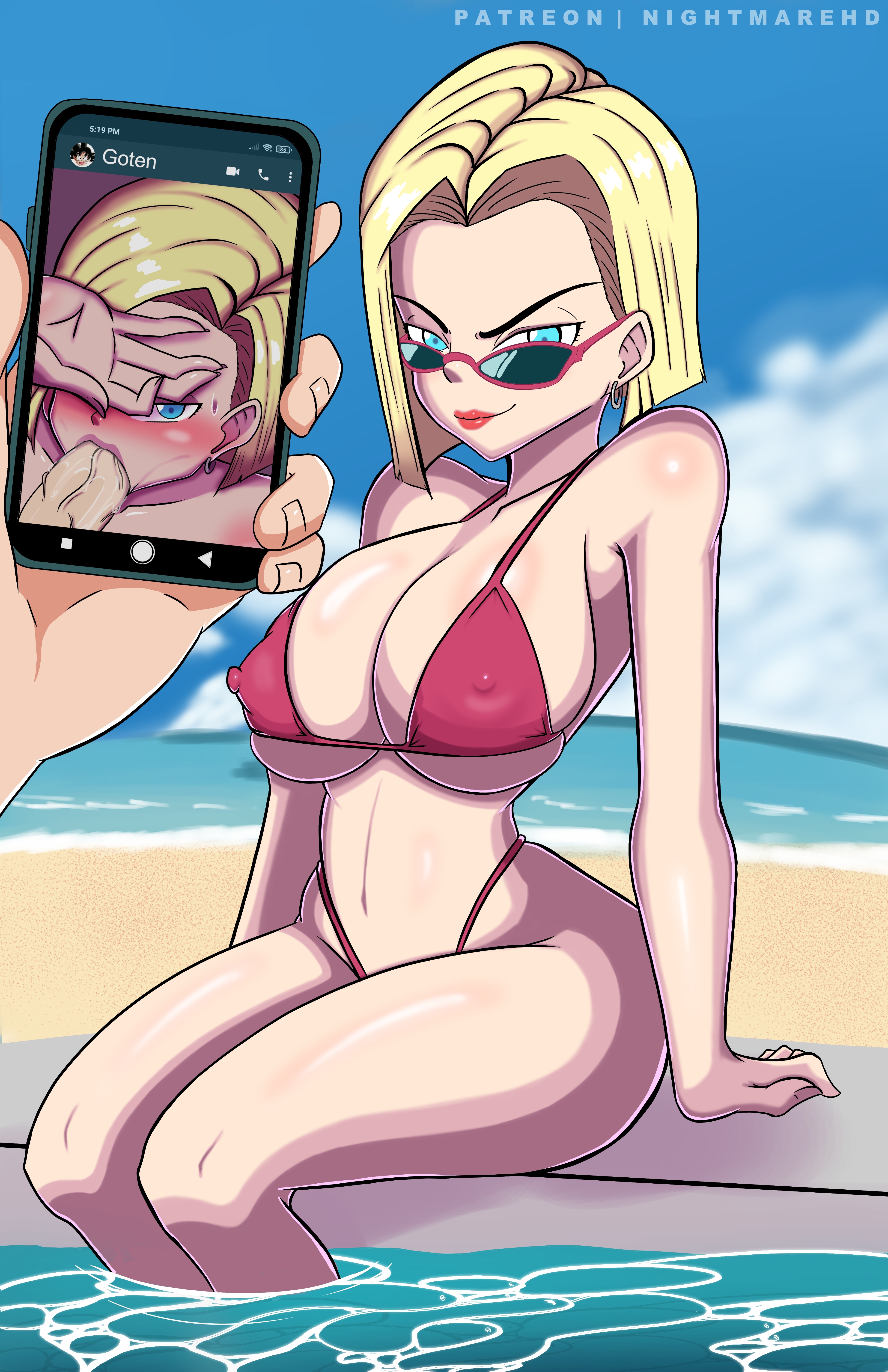 1boy, 1girls, absurd res, android 18, areolae, artist name, ass, beach, bikini, blonde hair, blush, breasts, dragon ball, dragon ball z, earrings, fellatio, female, female focus, grin, highres, jewelry, large ass, large breasts, light skin, light-skinned female, light-skinned male, lipstick, looking at viewer, looking over eyewear, looking over glasses, looking over sunglasses, male, navel, nightmare hdraw, nipple bulge, nipples, nipples visible through clothing, one eye covered, phone, phone screen, photo comparison, pool, poolside, recording, red swimsuit, sea, sitting, smartphone, smile, smirk, son goten, sunglasses, sweat, sweatdrop, swimwear, tagme, thighs, tinted eyewear