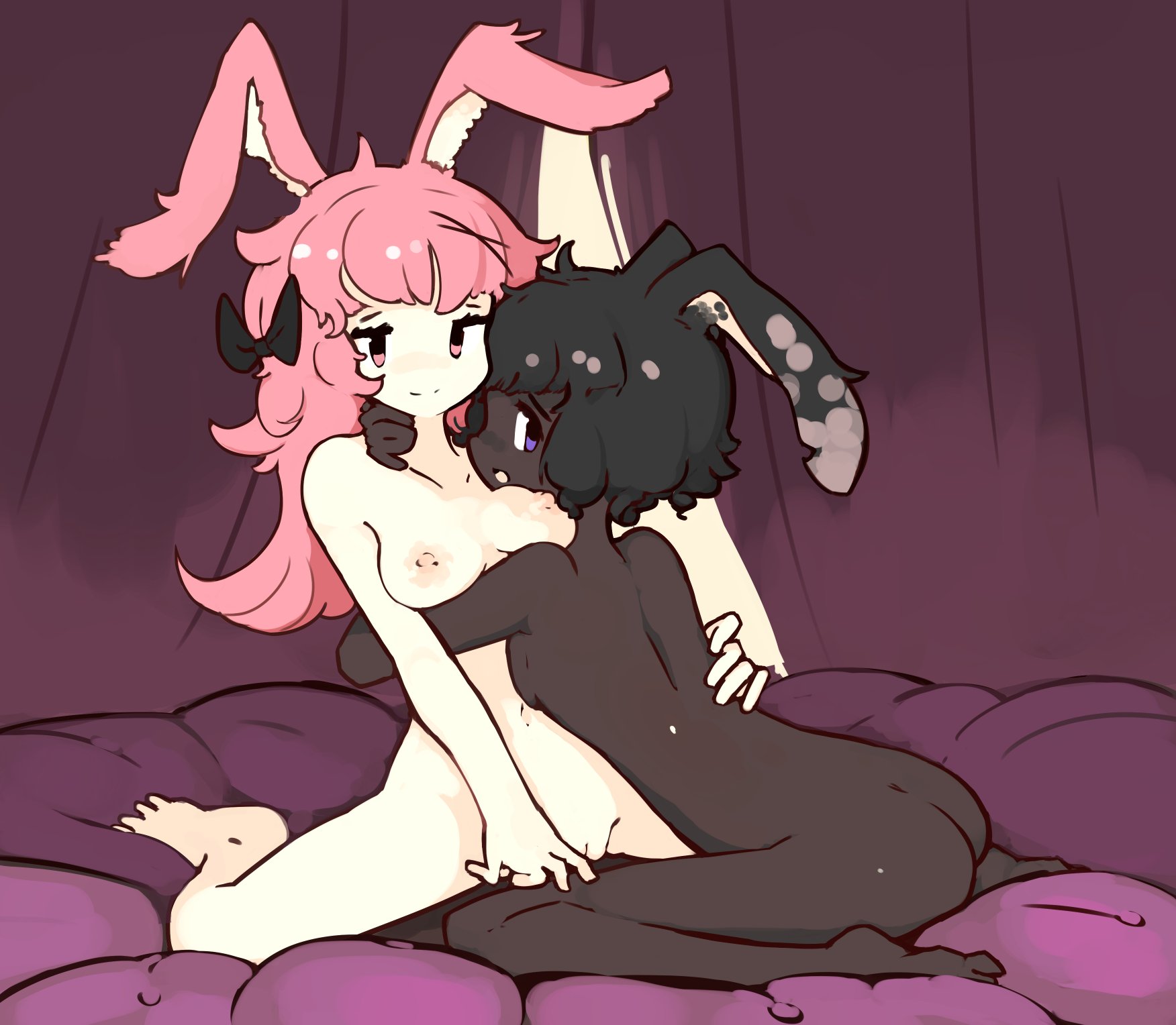 2girls, black hair, bow, breasts, bunny ears, chocolate truffle (zako sketch), dark skin, dark-skinned female, female, hugging, looking at viewer, multiple females, multiple girls, original, pink eyes, pink hair, purple eyes, strawberry shortcake (zako sketch), tagme, yuri, zako, zako sketch