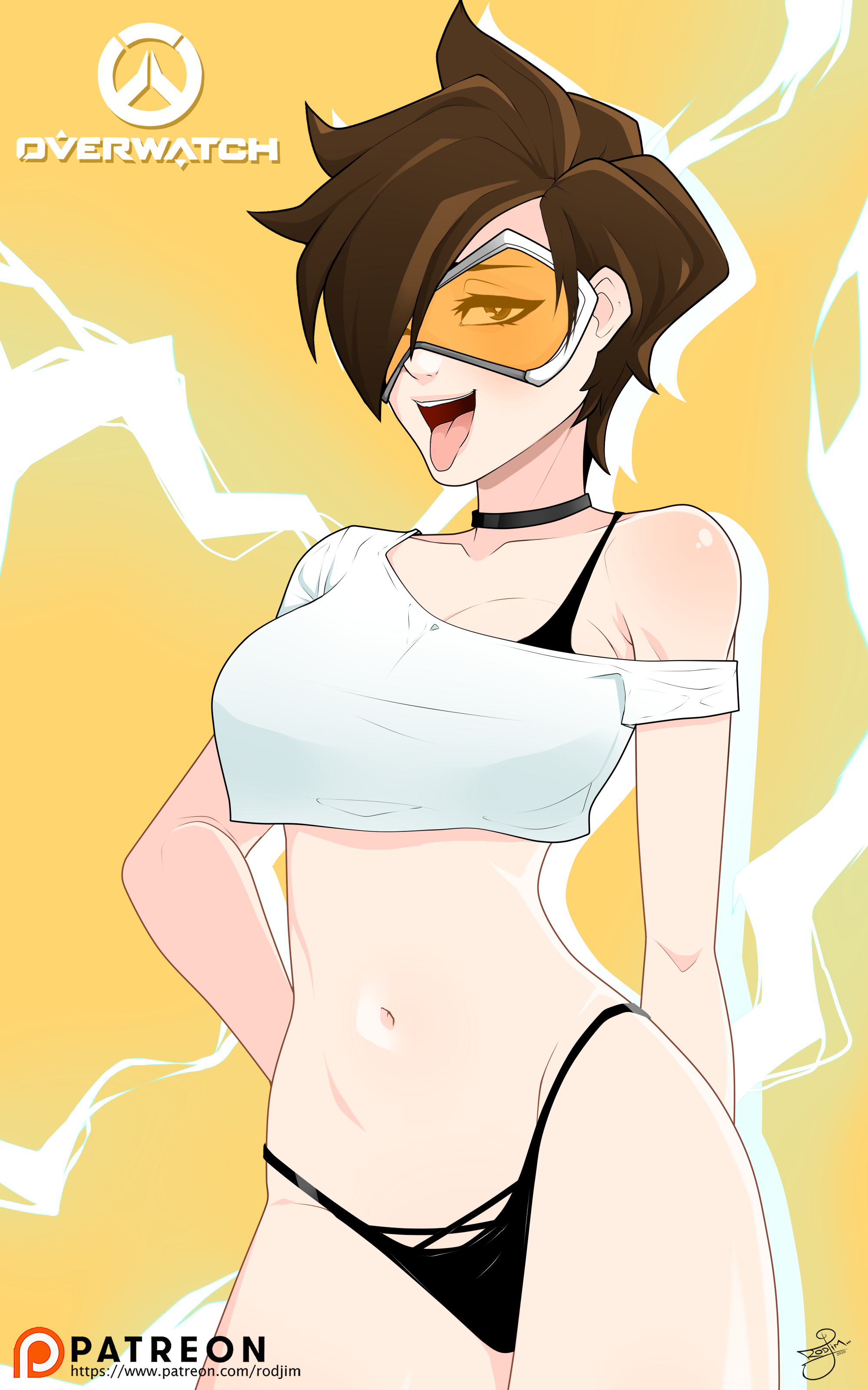 1girls, areolae, bikini, black hair, breasts, brown hair, choker, cleavage, collarbone, crop top, female, female focus, female only, goggles, hair over one eye, hands behind back, highres, looking at viewer, navel, nipples, orange-tinted eyewear, overwatch, panties, patreon username, pose, rodjim, seductive, seductive look, seductive smile, short hair, tinted eyewear, tongue, tongue out, tracer, very short hair, visor
