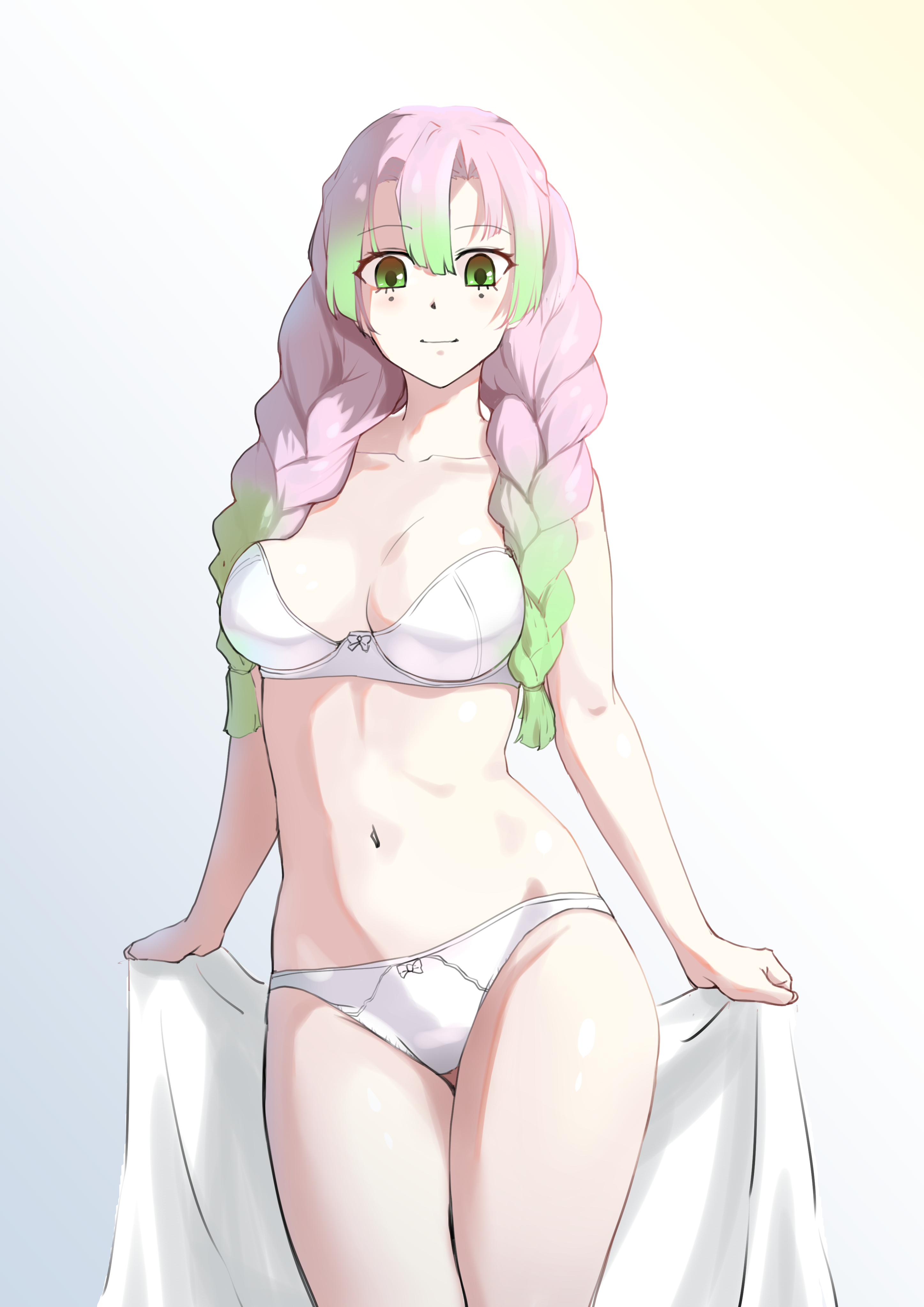 bra, braided hair, breasts, copper (artist), demon slayer, female, female only, green eyes, kimetsu no yaiba, long hair, looking at viewer, medium breasts, mole under eye, multicolored hair, pale skin, panties, pink hair, smile, solo, two-tone hair, underwear only, white bra, white panties