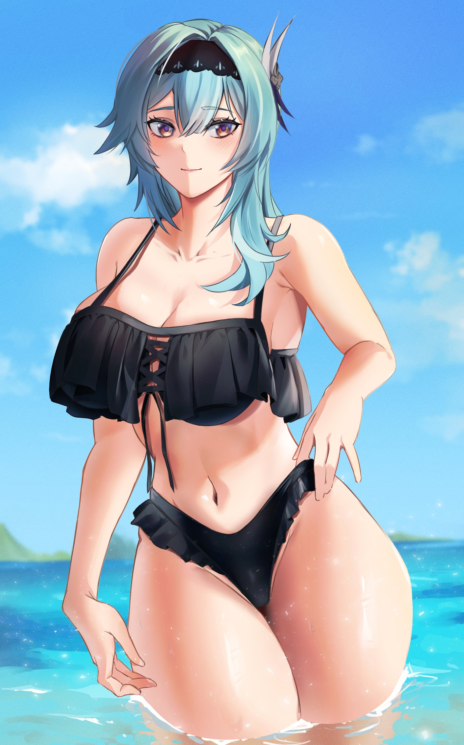 1girls, beach, big breasts, bikini, black bikini, blue hair, blush, breasts, cleavage, curvaceous, curvy, eula (genshin impact), female, female only, genshin impact, hi res, klee08, navel, smile, thick thighs, thighs, water, wet, wide hips