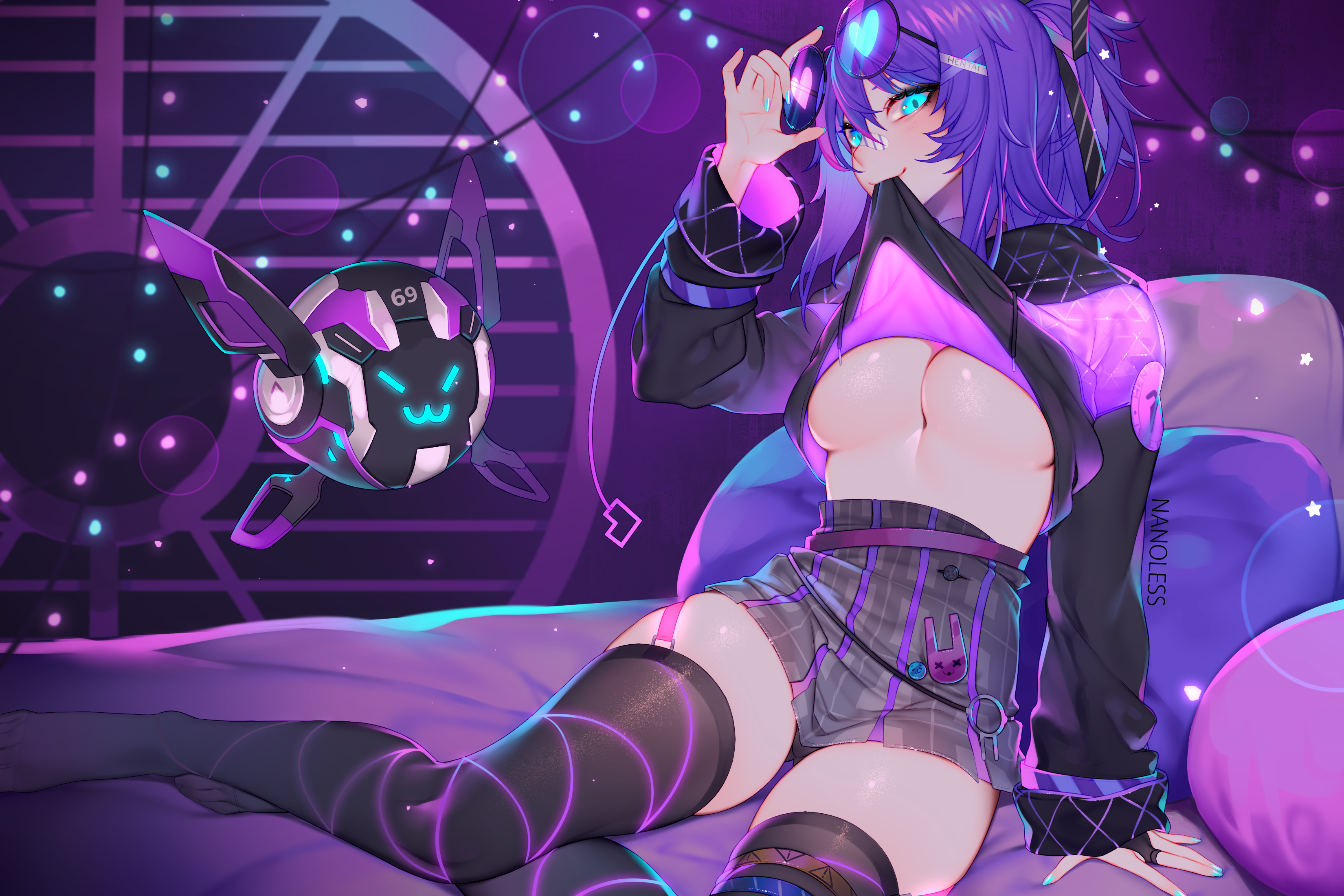 1girls, blue eyes, blue nails, breasts, detailed background, female, female only, glasses, huge breasts, melody (projektmelody), nanoless, plaid skirt, projektmelody, purple hair, solo, solo female, thick, thigh highs, thighs, underboob, virtual youtuber, vshojo