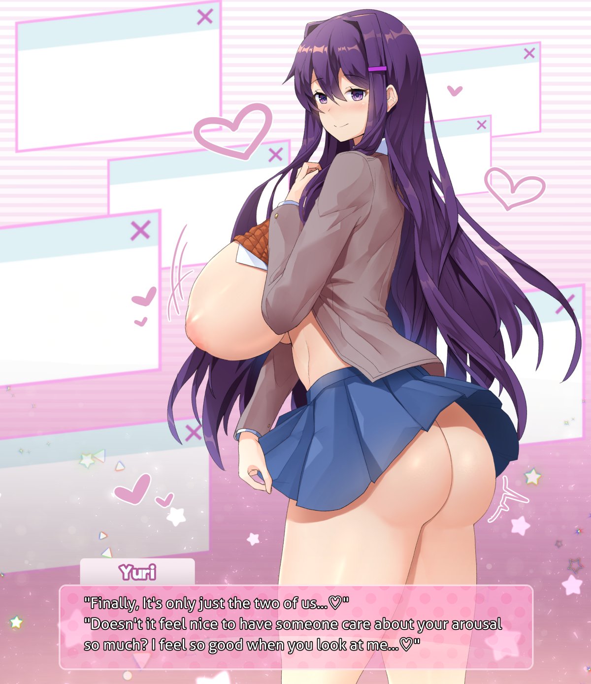 1girls, areola, ass, big areola, blush, breasts, busty, child bearing hips, clothed, clothing, curvaceous, curvy, ddlc text box, dialogue, doki doki literature club, english text, erect nipples, exhibitionism, female, female only, huge ass, huge breasts, human, inviting, light skin, light-skinned female, looking at viewer, nipples, pale skin, partially clothed, school uniform, seductive, seductive smile, shirt up, sinensian, skirt, smile, solo, solo female, standing, suggestive, teenager, text, thick thighs, voluptuous, wide hips, yuri (doki doki literature club)