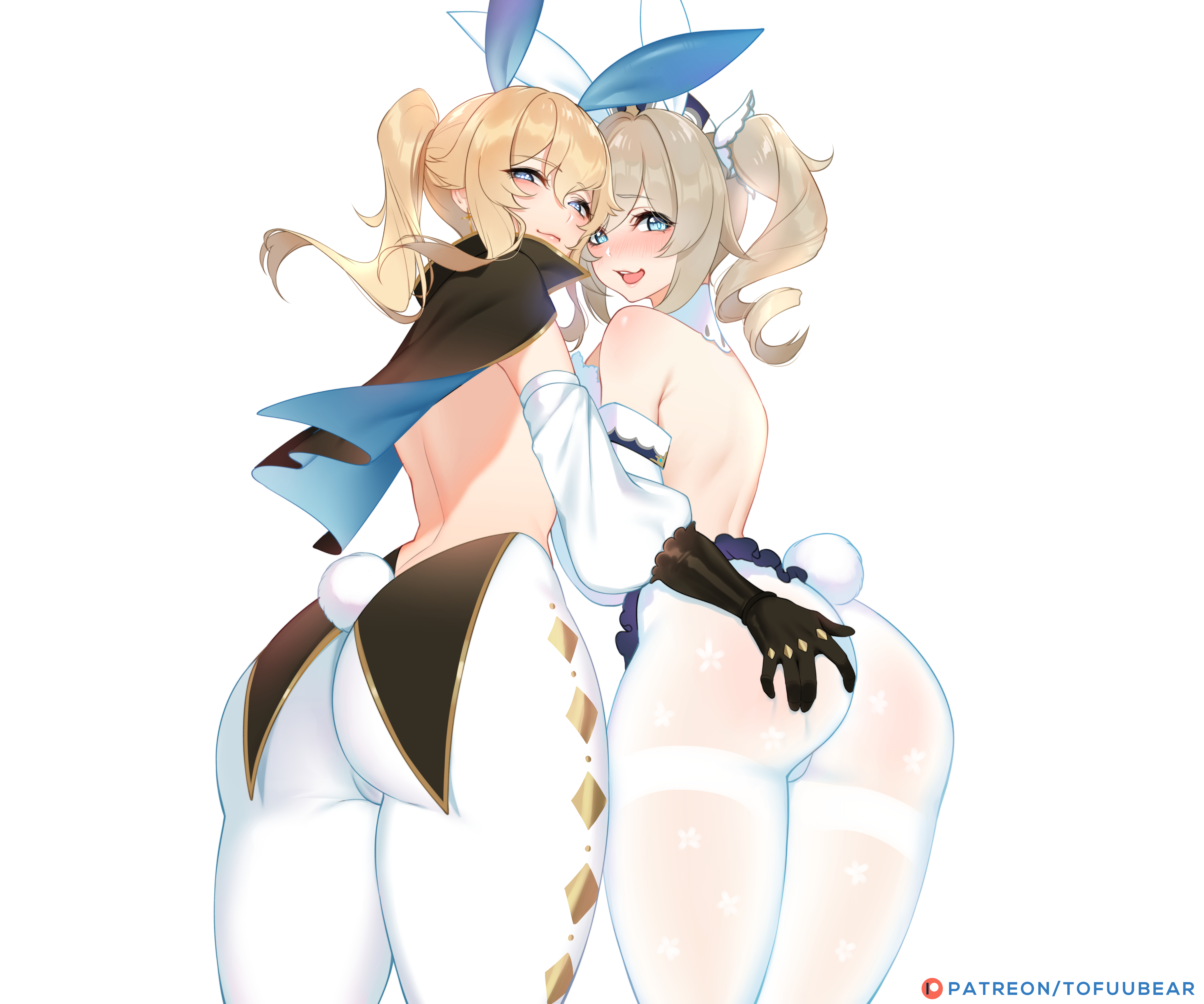 2girls, ass, ass grab, back view, barbara (genshin impact), female, female only, genshin impact, huge ass, jean gunnhildr, multiple females, multiple girls, nun, tofuubear