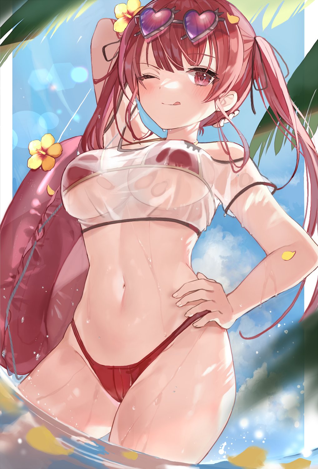 arm behind head, bangs, bikini, black ribbon, border, cloud, commentary request, cowboy shot, crop top, dutch angle, eyebrows visible through hair, eyewear on head, female, flower, hair flower, hair ornament, hair ribbon, hand on hip, heart, heart-shaped eyewear, highres, hololive, hololive fantasy, hololive japan, houshou marine, innertube, looking at viewer, navel, one eye closed, outdoors, palm tree, partially submerged, red bikini, red eyes, red hair, ribbon, see-through shirt, shirt, short sleeves, siohanabi, sky, solo, sunglasses, swimsuit, tongue, tongue out, tree, twintails, virtual youtuber, water, white border, white shirt, yellow flower