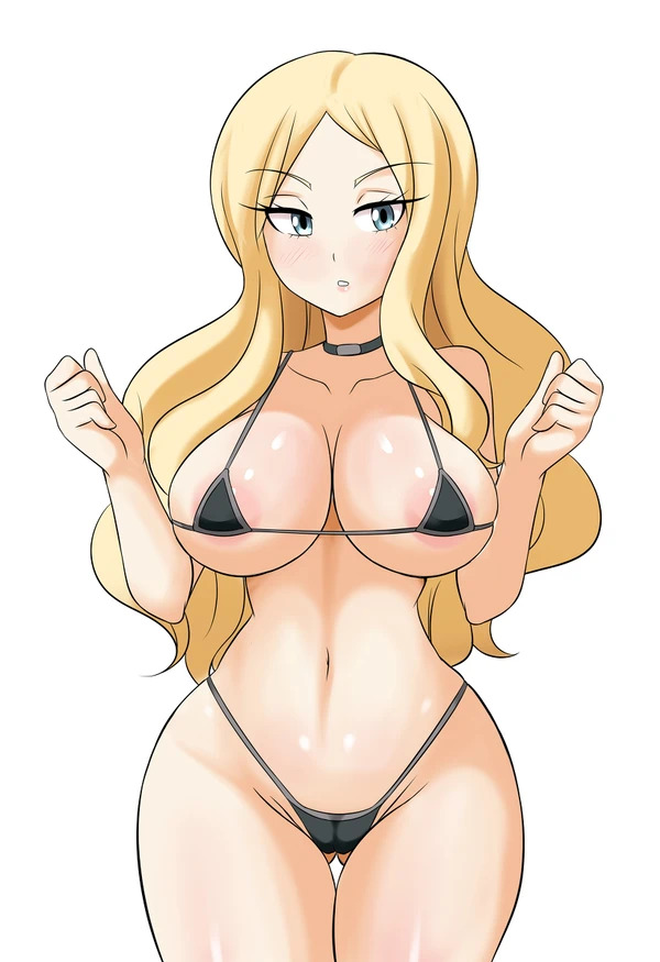 1girls, alternate version available, areola, assassination classroom, barely covered, big breasts, bikini, black bikini, black choker, blonde hair, blonde-haired female, blue eyes, blush, breasts, cameltoe, choker, eyebrows visible through hair, eyelashes visible through hair, female, hourglass figure, irina jelavic, light skin, light-skinned female, long hair, looking at viewer, lucyfercomic, micro bikini, pussy, teacher, thick thighs, tight bikini