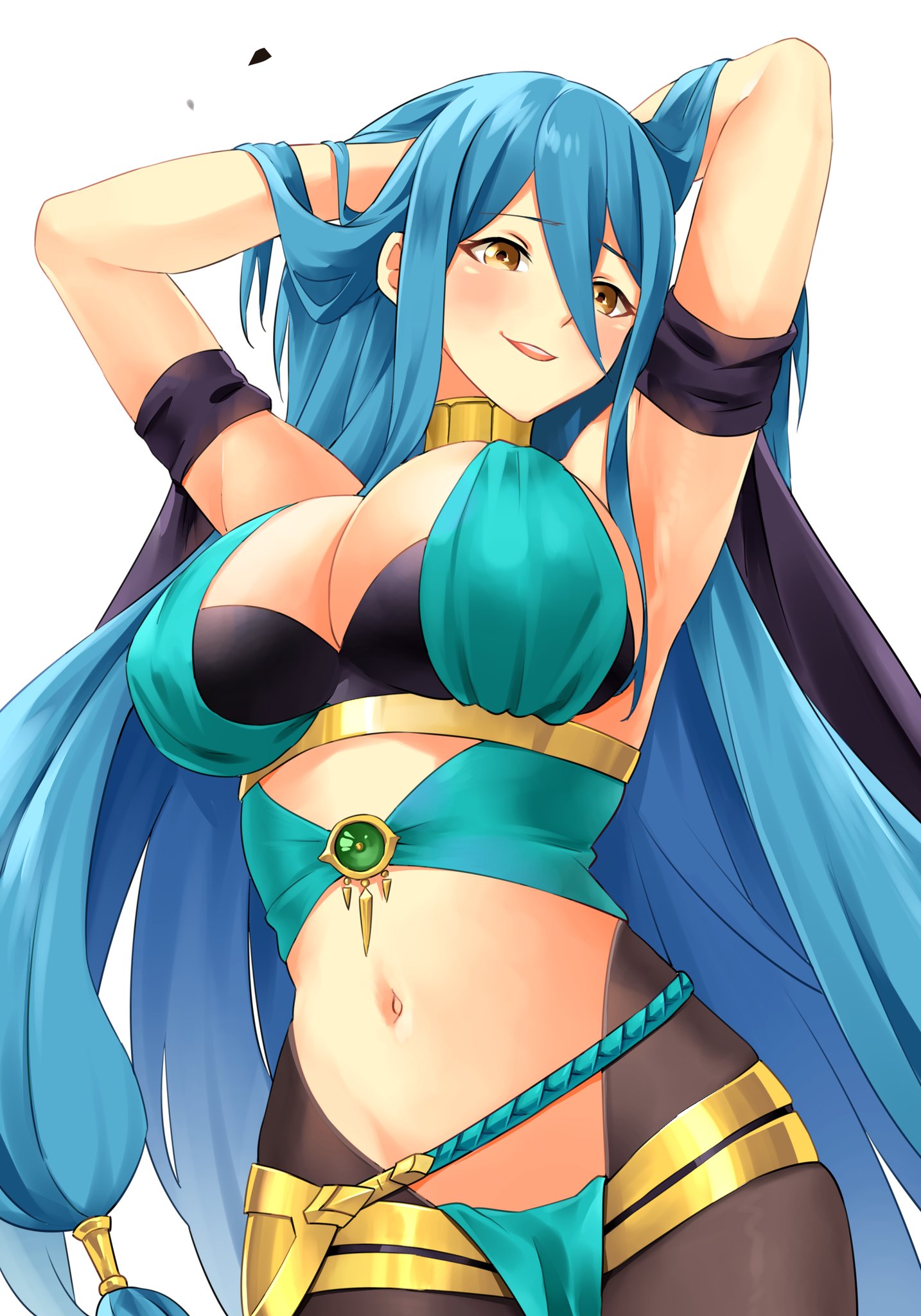 1girls, alternate breast size, alternate costume, azura (fire emblem), blue hair, bodystocking, breasts, cleavage, cosplay, dancer, dorothea arnault (cosplay), dorothea arnault (plegian) (cosplay), female, fire emblem, fire emblem fates, fire emblem heroes, hair between eyes, huge breasts, igni tion, large breasts, long hair, nintendo, open mouth, plegian, pose, smile, solo, white background, yellow eyes