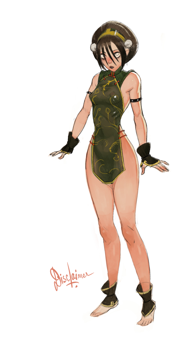 1girls, aged up, alternate costume, anklewear, avatar the last airbender, bangs, bare arms, bare legs, bare shoulders, blind, breasts, clothing, disclaimer, dress, earth kingdom, erect nipples, erect nipples under clothes, female, female only, front view, gauntlets, glare, handwear, headwear, hourglass figure, human, looking at viewer, nickelodeon, nipple bulge, nipples, pelvic curtain, qipao, revealing clothes, small breasts, solo, solo female, solo focus, thick thighs, toph bei fong, white eyes, wristwear
