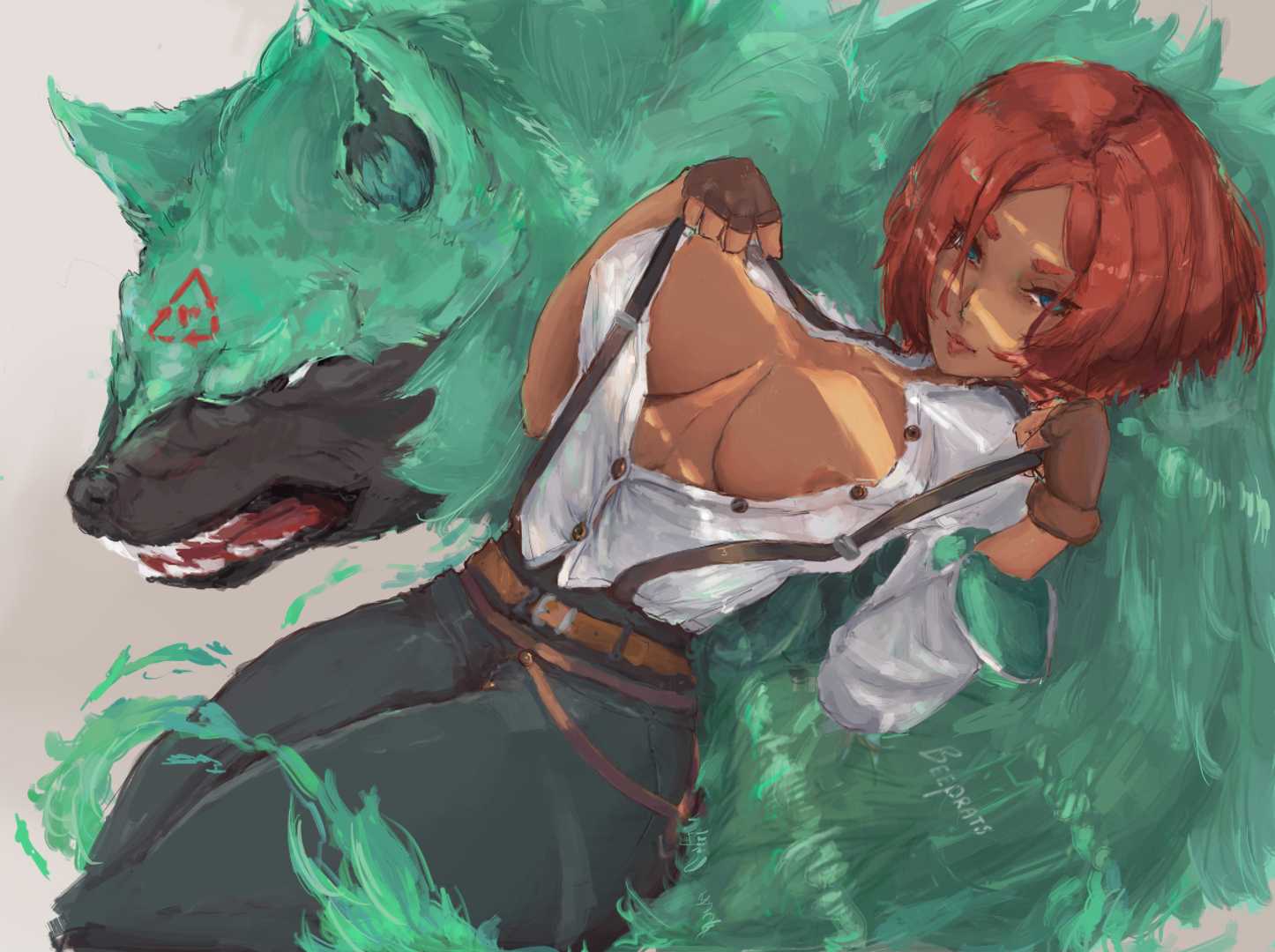 beeprats, blue eyes, bob cut, brazilian, brazilian female, canine, cleavage, dark skin, dark-skinned female, female, giovanna (guilty gear), guilty gear, guilty gear strive, laying down, nip slip, nipple slip, red hair, rei (guilty gear), tan, tan body, tan skin, unbuttoned shirt, wolf