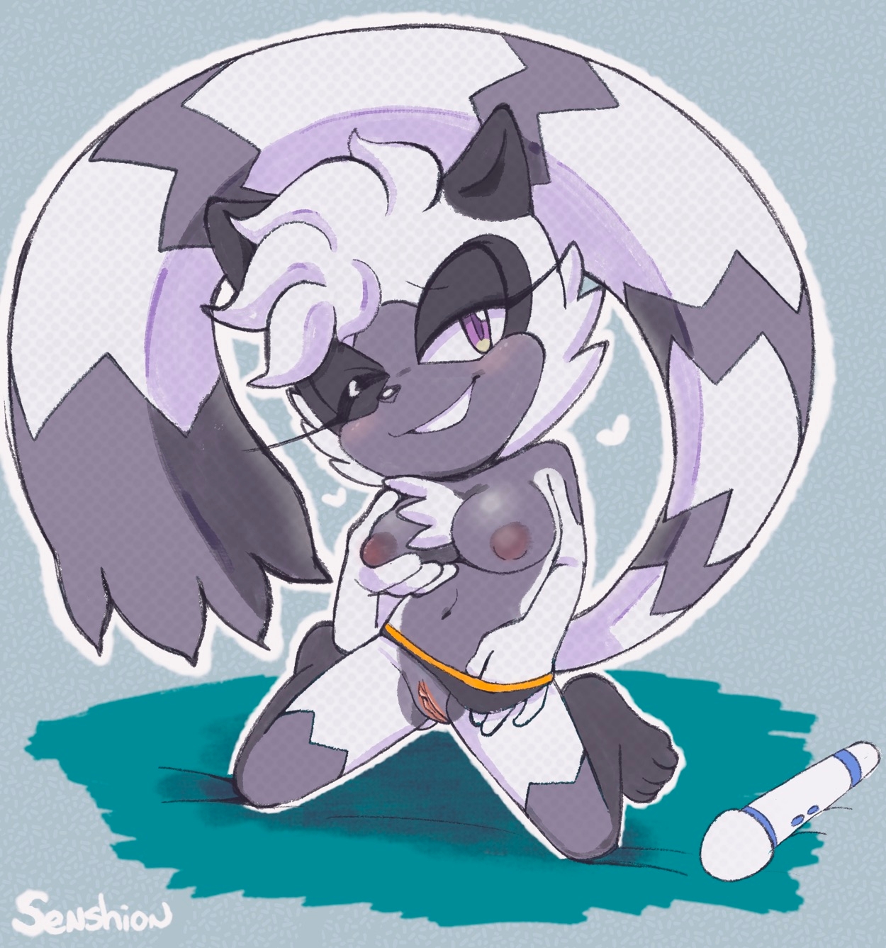 2021, anthro, breasts, clothed, clothing, female, fur, genitals, hi res, hitachi magic wand, holding breast, idw comics, idw publishing, kneeling, lemur, mobian (species), navel, one eye closed, primate, purple eyes, pussy, sega, senshion, sex toy, simple background, smile, solo, sonic (series), sonic the hedgehog (comics), sonic the hedgehog (idw), sonic the hedgehog (series), tail, tangle the lemur, topless, vibrator, white body, white fur