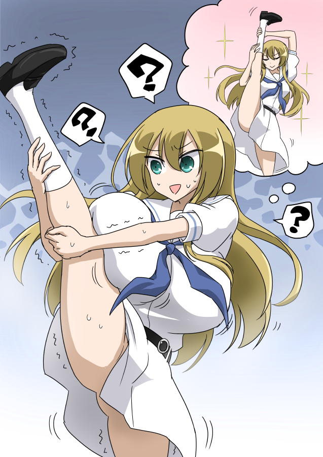 1girls ? ass big_breasts blonde_hair huge_breasts inconvenient_breasts loafers no_panties one_leg_up oohoshi_awai oro_(zetsubou_girl) saki school_uniform skirt splits tagme thighs vertical_splits