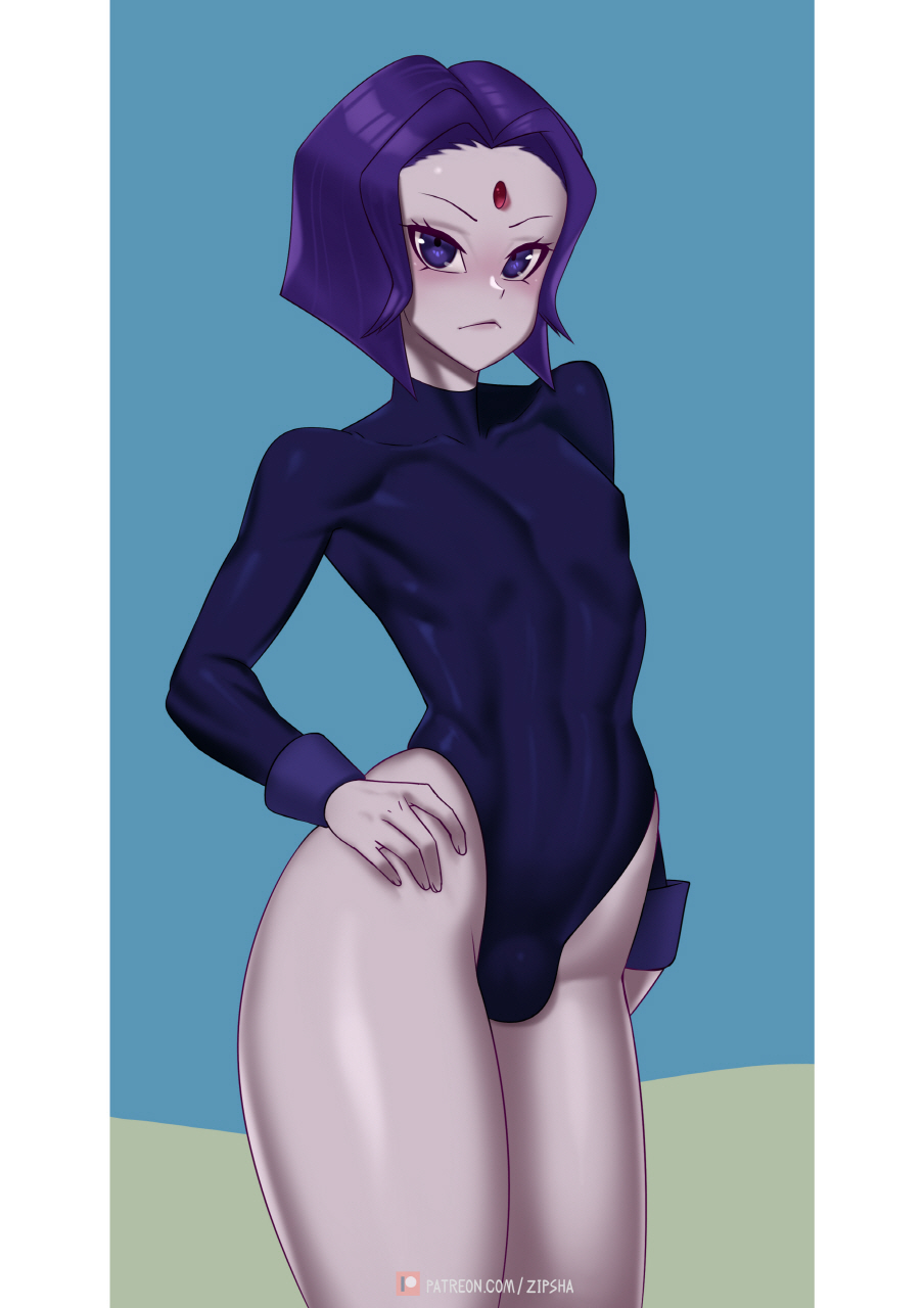 1boy, blush, bulge, cartoon network, clothed, clothing, dc, dc comics, femboy, genderswap, genderswap (ftm), grey skin, humanoid, leotard, long sleeves, male, male only, male raven, mostly clothed, purple hair, rachel roth, raven (dc), rule 63, short hair, solo, standing, teen titans, wide hips, zipsha