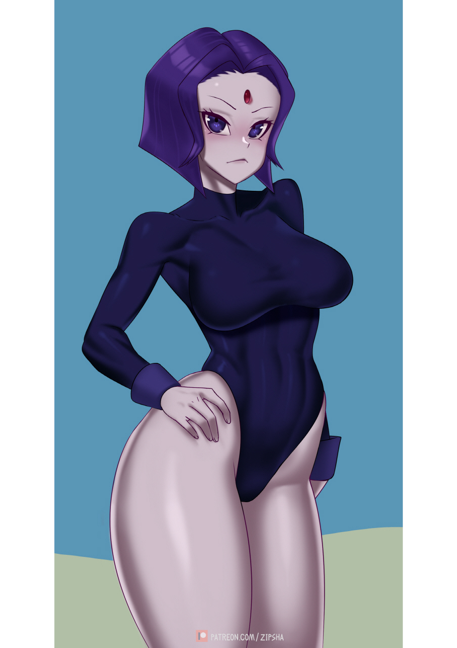 1girls, big breasts, blush, breasts, cartoon network, clothed, clothing, dc, dc comics, female, female only, grey skin, humanoid, leotard, long sleeves, mostly clothed, purple hair, rachel roth, raven (dc), short hair, solo, standing, straight hair, tagme, teen titans, wide hips, zipsha