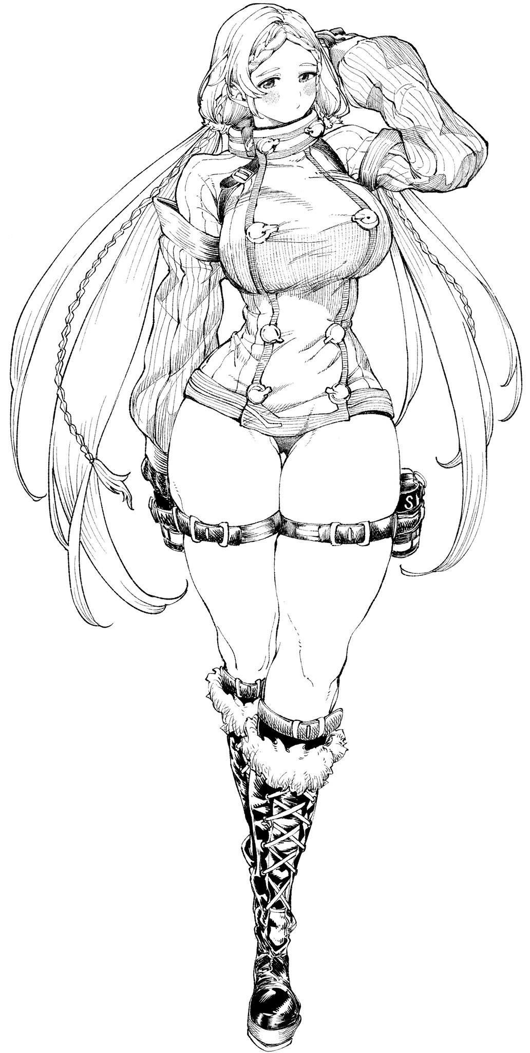 1girls alternate_costume blush boots braid breasts buttons coat crown_braid double-breasted greyscale highres large_breasts last_origin monochrome natevior no_pants nymph_(last_origin) panties t-10_nymph thick_thighs thigh_strap thighs twin_braids underwear