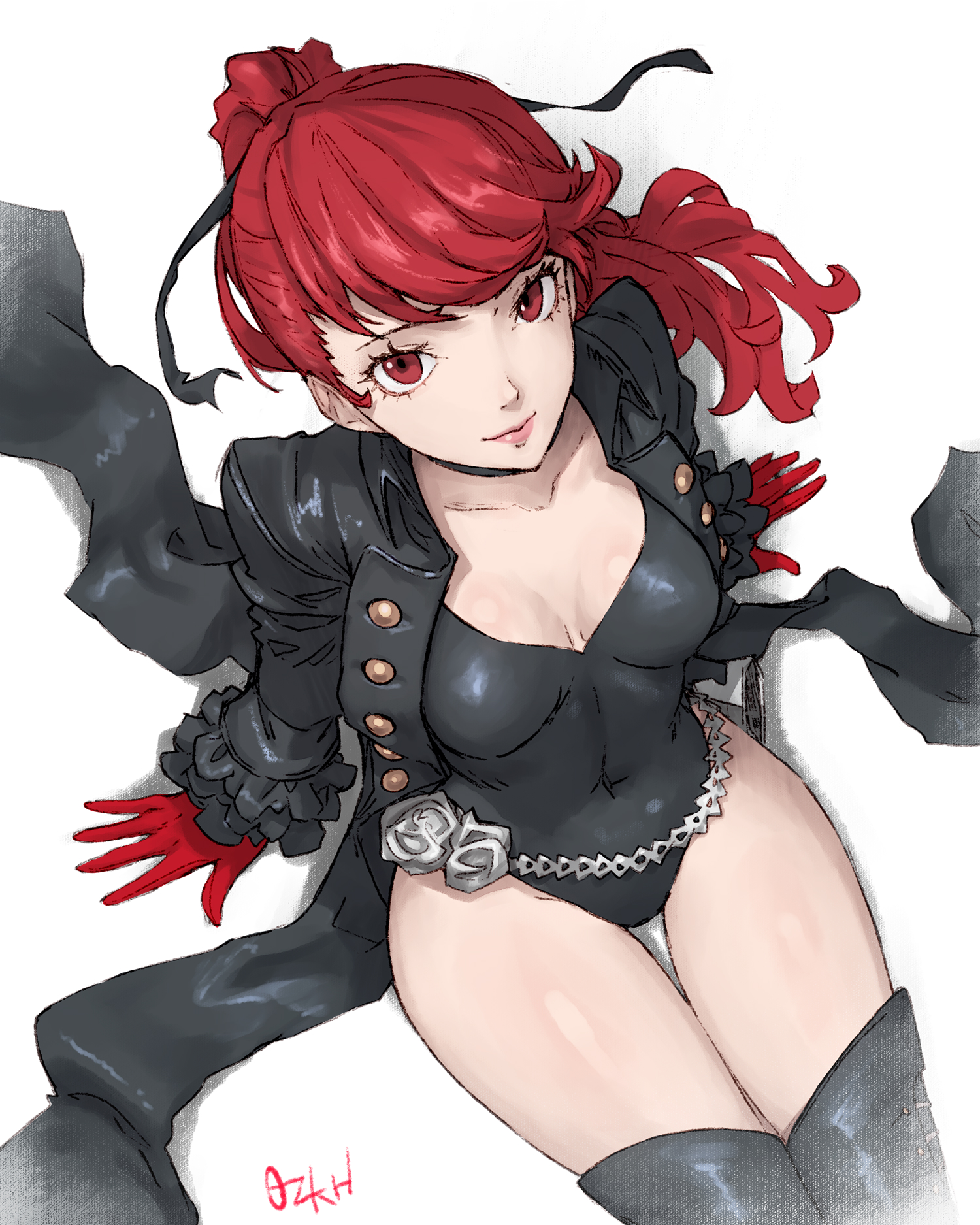 atlus, breasts, cleavage, clothed, clothing, female, gloves, kasumi yoshizawa, leotard, looking at viewer, megami tensei, ozkh, persona, persona 5, persona 5 royal, phantom thief suit, red eyes, red hair, sitting, sumire yoshizawa, thigh gap, thigh highs, thighhighs