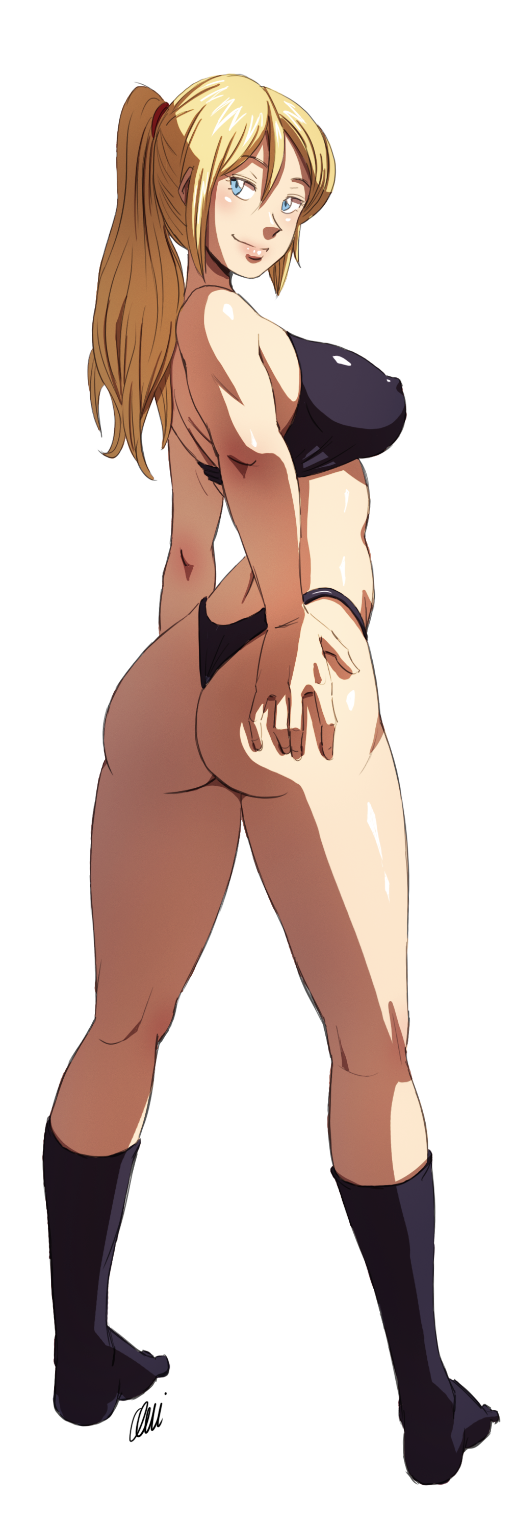 ass athletic_female bikini black_underwear blonde_hair blue_eyes bra bubble_butt cheeks female g-string hand_on_ass lips metroid nipple_outline ono-fire ponytail samus_aran smile smiling solo super_metroid t-back thong transparent_background underwear