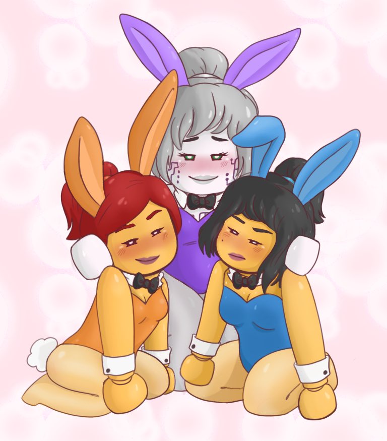 3girls artist_request black_hair blush bunny_ears bunnysuit green_eyes grey_hair lego lipstick mole mole_under_eye multiple_girls ninjago nya_(ninjago) p.i.x.a.l. rebooted_(ninjago) red_hair robot robot_girl skylor_(ninjago) tournament_of_elements_(ninjago) white_skin yellow_skin