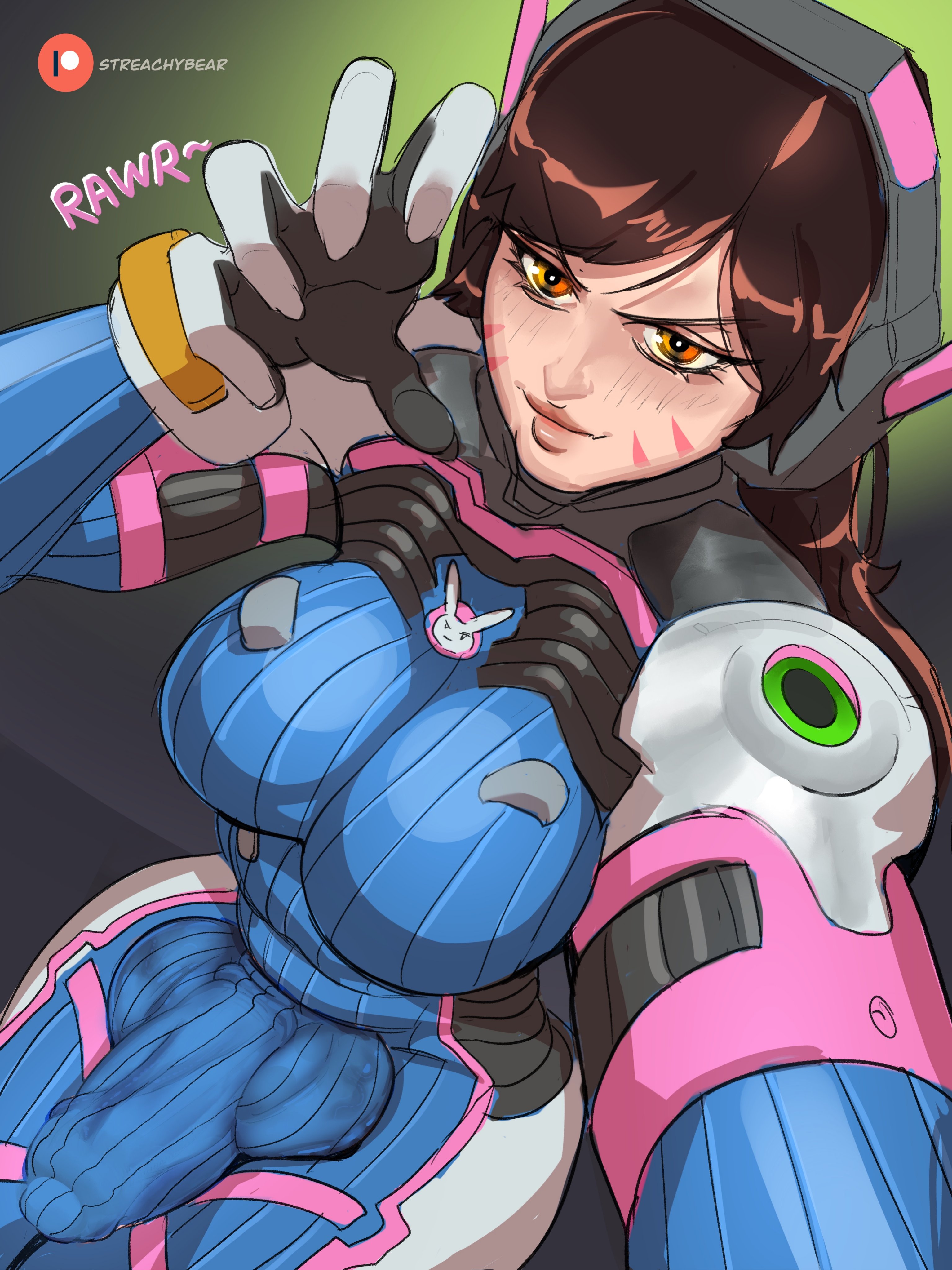1futa, absurdres, balls, balls bulge, balls under clothes, bodysuit, breasts, brown hair, bulge, cameltail, clothed, clothing, d.va, erection, erection under clothes, foreskin, fully clothed, futa only, futanari, gloves, high-angle view, highres, huge balls, huge penis, human, intersex, large breasts, light skin, light-skinned futa, long hair, overwatch, pale skin, penis, penis bulge, penis in bodysuit, penis under clothes, selfie, sitting, solo, streachybear, tenting, thick thighs, uncircumcised, uncut, wide hips