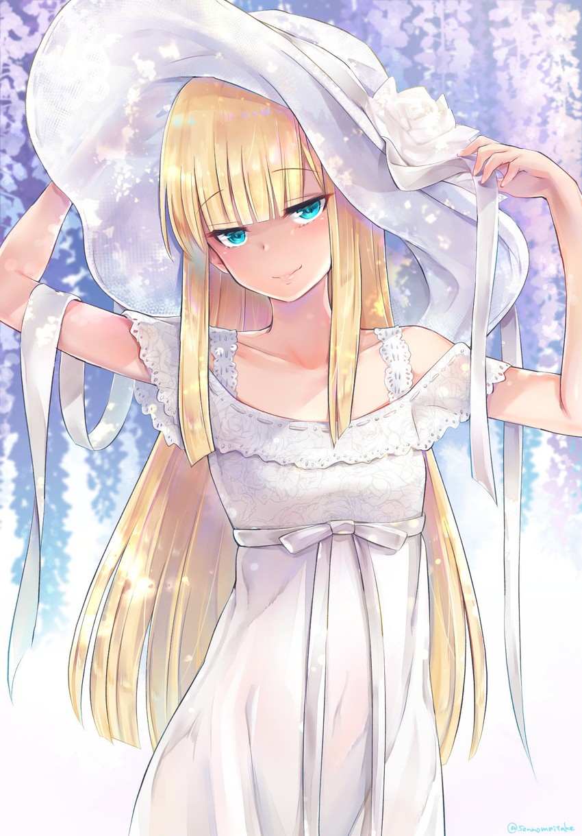 aqua_eyes bangs blonde_hair blunt_bangs dress eyebrows_visible_through_hair fate/grand_order fate_(series) female flowers hat long_hair looking_at_viewer reines_el-melloi_archisorte sennomori_maitake simple_background smile solo sun_hat uratari white_dress