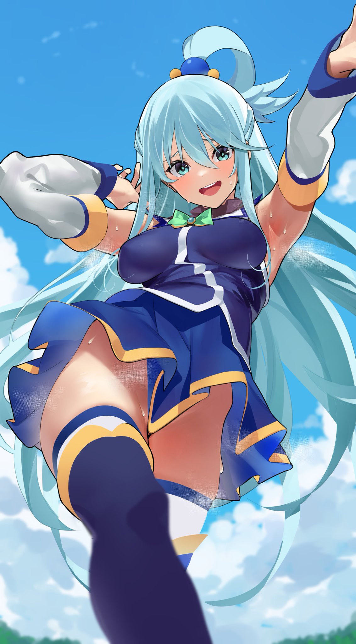 1girls aqua_(konosuba) blue_hair boots jikatarou kono_subarashii_sekai_ni_shukufuku_wo! no_panties solo_female thigh_boots