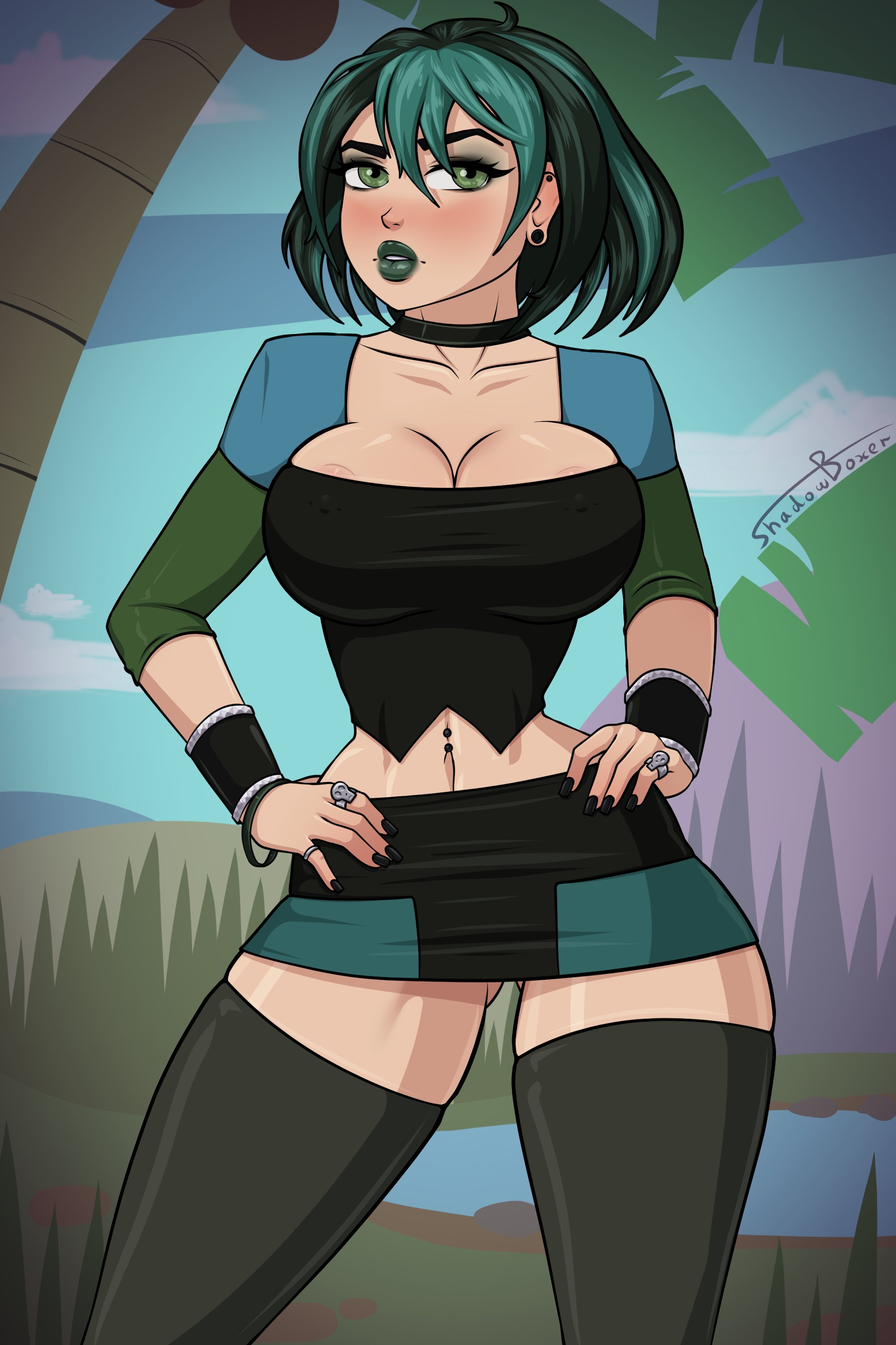 1girls, big breasts, breasts, cleavage, female, female only, green hair, gwen (tdi), large breasts, shadowboxer, solo, thighhighs, total drama island