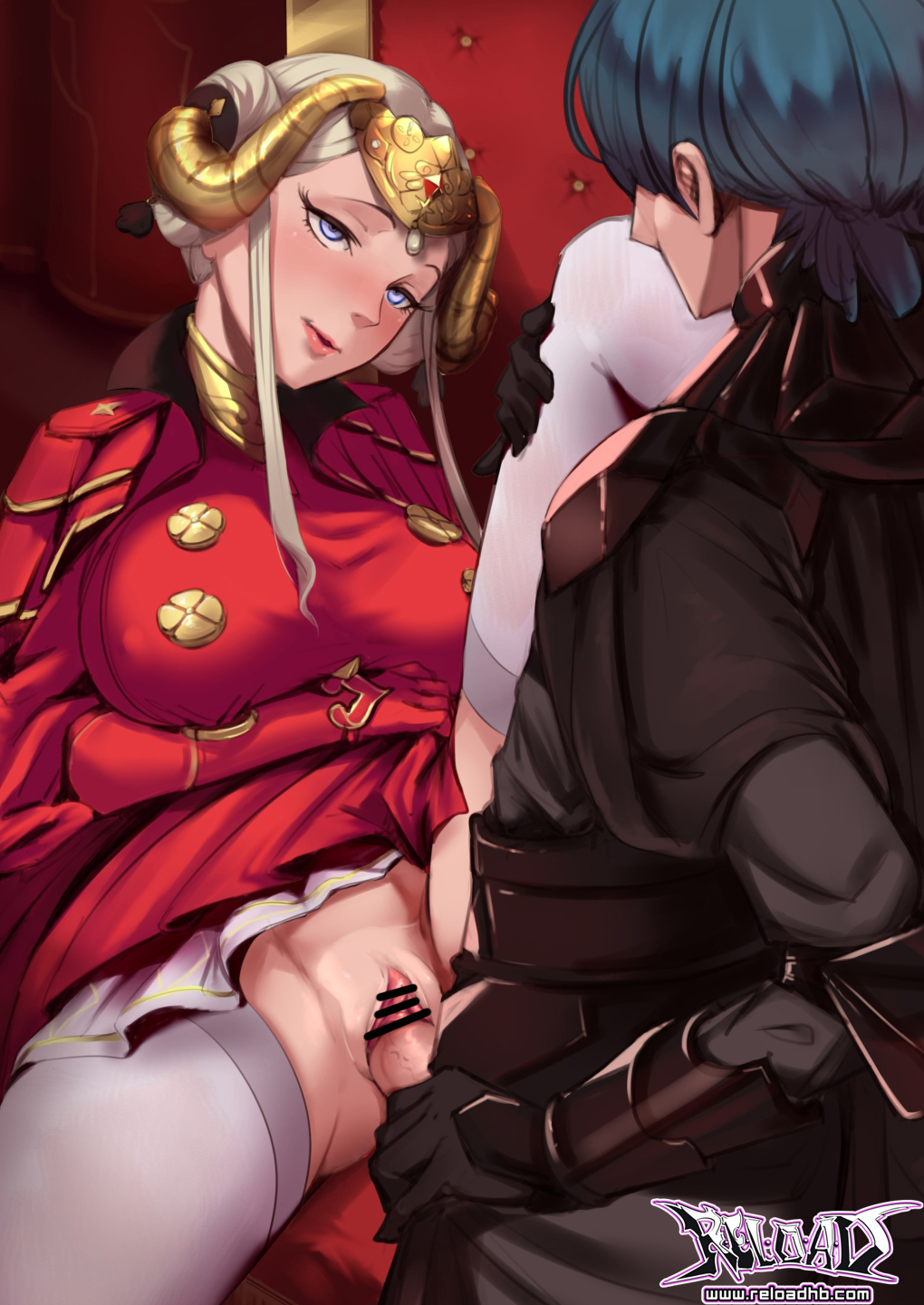 1boy, 1girls, alternate breast size, big breasts, blue eyes, blush, breasts, byleth (fire emblem), byleth (fire emblem) (male), censor bar, censored, censored penis, edelgard von hresvelg, female, fire emblem, fire emblem: three houses, grey hair, has uncensored version, horns, large breasts, leg grab, leg up, lips, male, nintendo, penis, post-timeskip, pussy, r-e-l-o-a-d, reloadhb, sex, short hair, smile, spread legs, straight, thighhighs, throne, throne sex, vaginal penetration