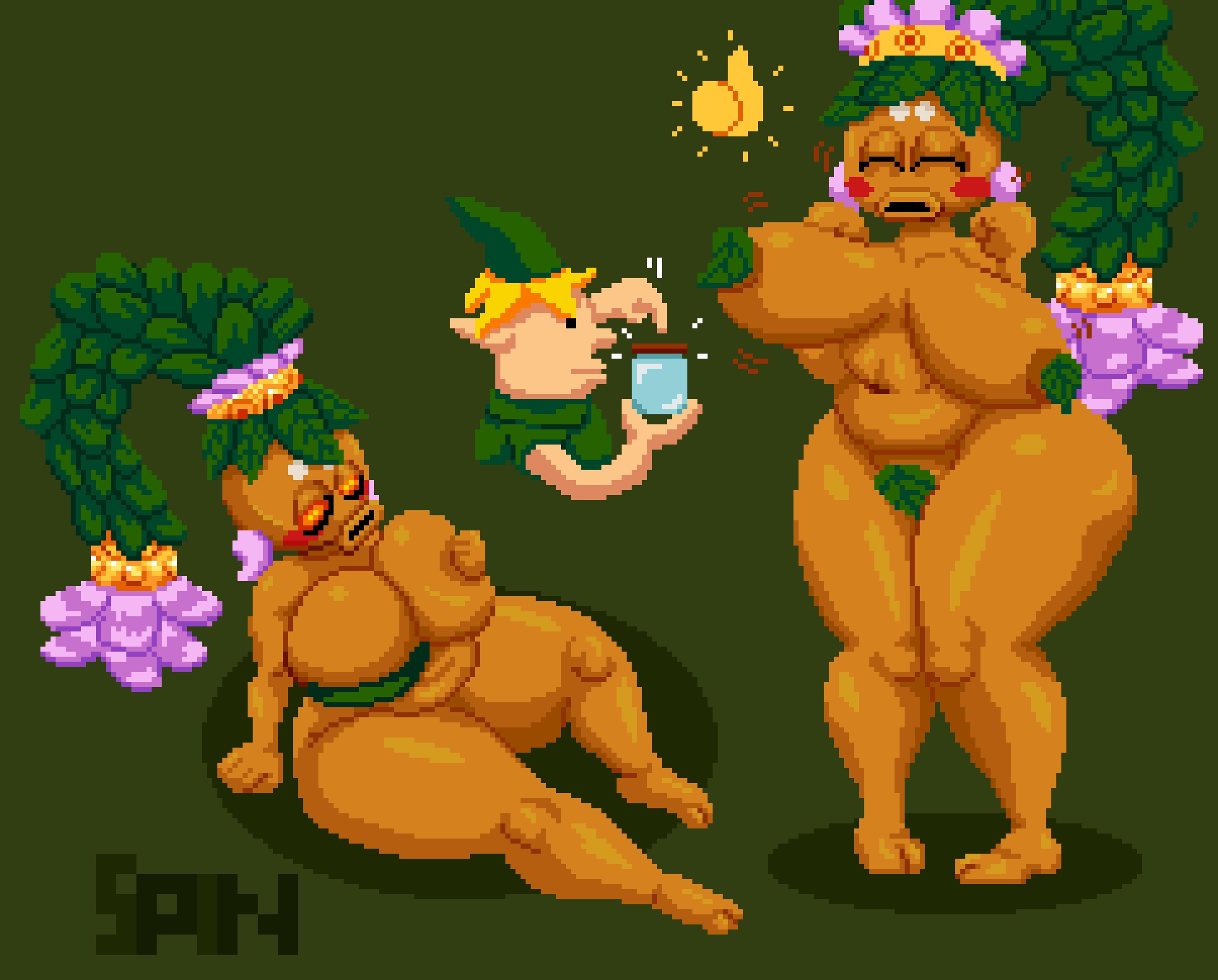 anthro chubby cum_jar deku_(tloz) deku_princess deku_scrub floppy_breasts large_ass large_breasts leaf_bikini link majora's_mask male pixel_art plant spinneborg the_legend_of_zelda thick_thighs