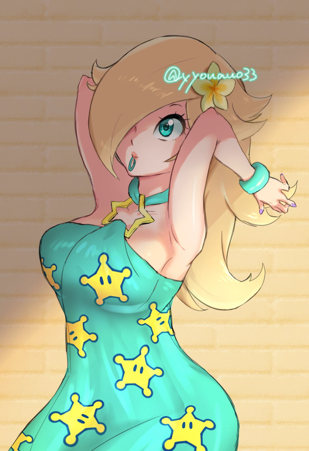 1girls armpits bimbo blonde_hair flower_in_hair flower_ornament hair_over_one_eye looking_at_viewer mario_(series) mario_kart mario_kart_tour nintendo princess_rosalina solo sundress yyouauo33