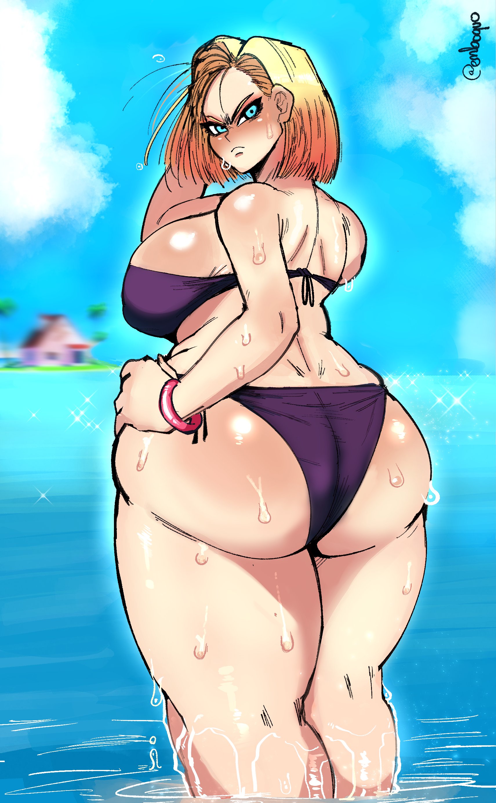 1girls, android 18, ass, big breasts, breasts, dragon ball, dragon ball z, embo, female, female only, huge ass, large breasts, solo, thick thighs, wide hips