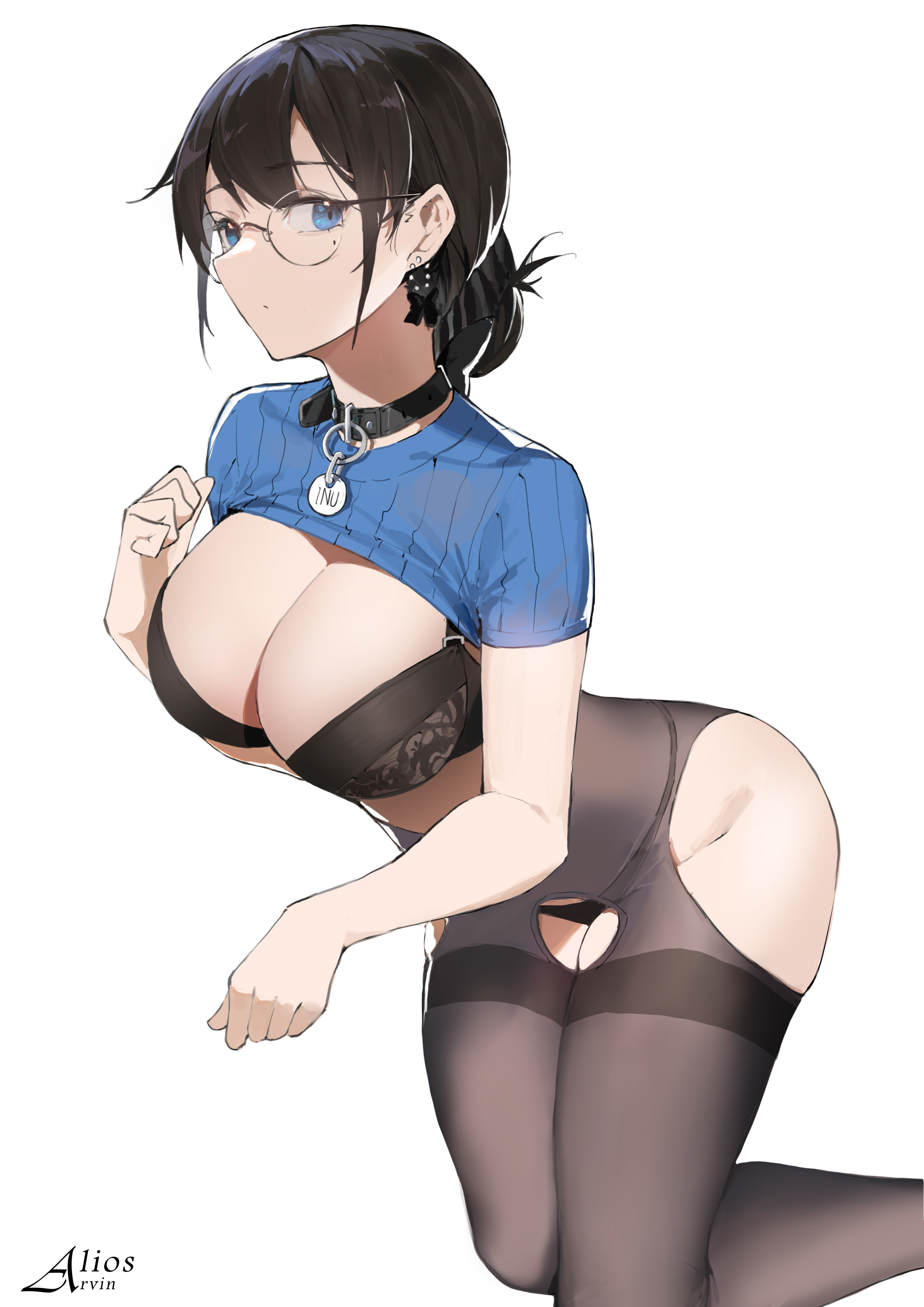 1girls, 2021, absurdres, aliosarvin, alternate version available, bangs, black bra, black hair, black legwear, black panties, blue eyes, blue shirt, bra, breasts, cleavage, collar, crop top, dog tags, earrings, female, glasses, highres, jewelry, kneeling, lace trim, lace-trimmed bra, large breasts, looking at viewer, original, panties, panties under pantyhose, pantyhose, ponytail, round eyewear, shirt, short hair, sidelocks, simple background, solo, thighband pantyhose, underwear