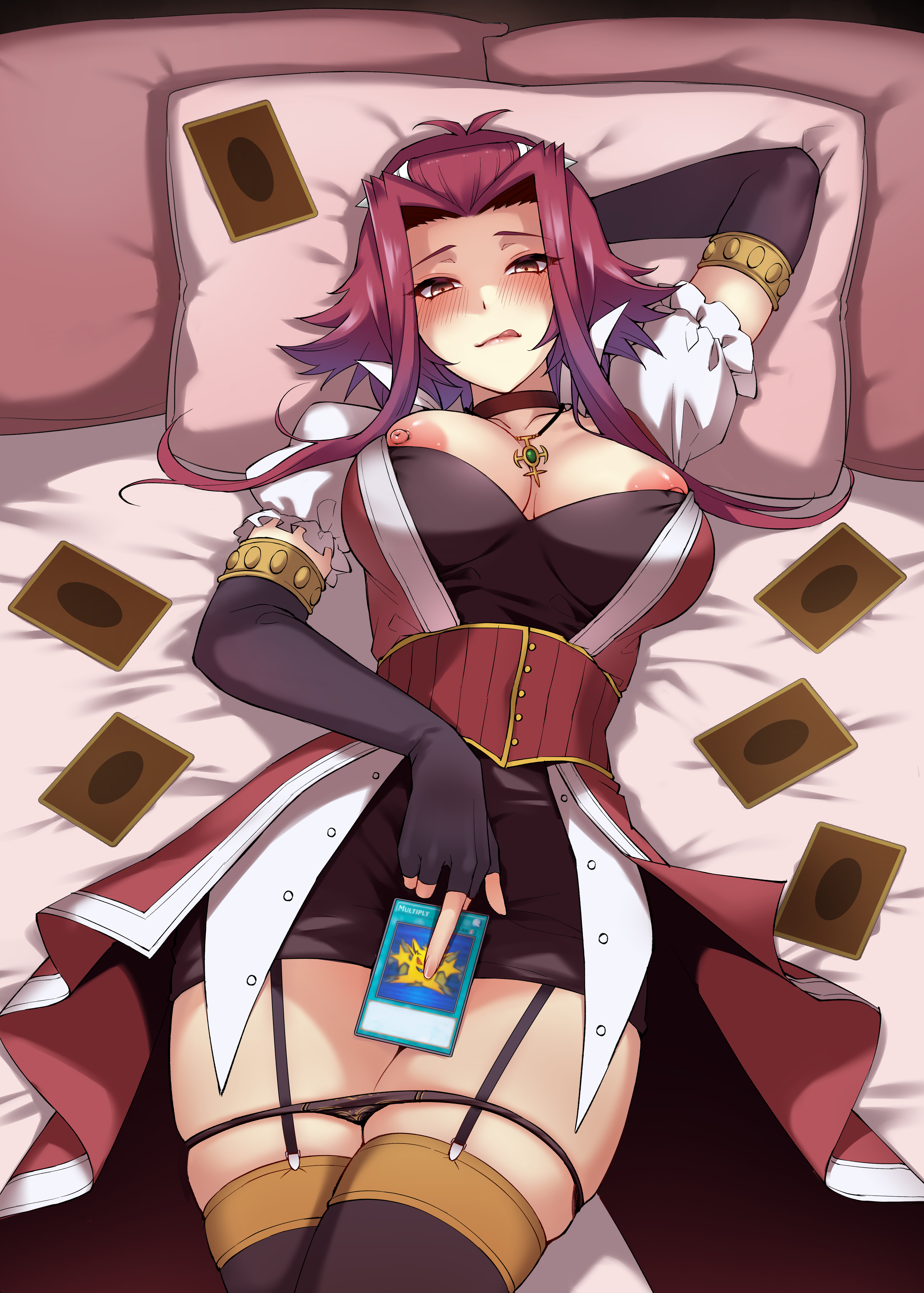 akiza izinski, black panties, breasts, breasts out, card, come hither, covering crotch, female, garter straps, inviting, izayoi aki, licking lips, lingerie, lying, mibry (phrysm), nipples, panties removed, red hair, solo, solo female, thighhighs, tongue, tongue out, yu-gi-oh!, yu-gi-oh! 5d's