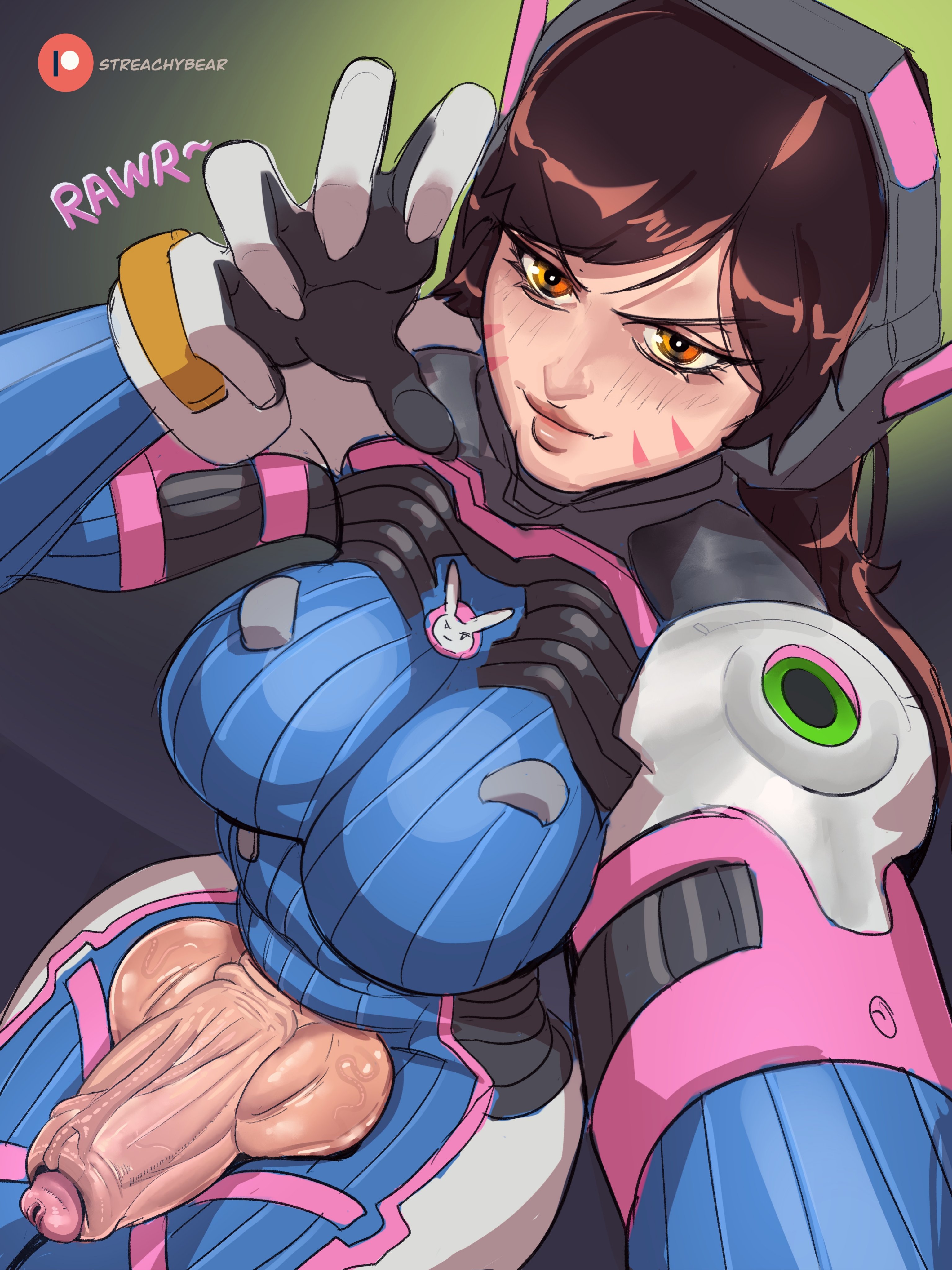 1futa, absurdres, balls, big balls, big breasts, big penis, bodysuit, breasts, brown hair, clothed, clothing, d.va, erection, foreskin, futa only, futanari, gloves, high-angle view, highres, human, intersex, large breasts, light skin, light-skinned futa, long hair, mostly clothed, overwatch, pale skin, penis, selfie, sitting, solo, streachybear, thick thighs, uncircumcised, uncut, wide hips