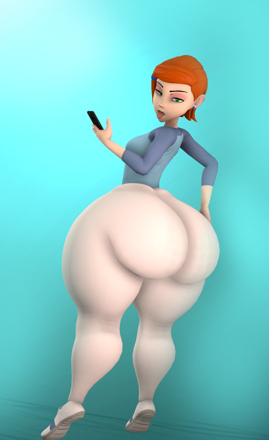 1girls, ass, ben 10, ben 10 (classic), big ass, female, female only, gwen tennyson, gwen tennyson (classic), huge ass, huge thighs, hyper ass, hyper thighs, looking back, red hair, red head, slim waist, smartphone, solo, tiptoes, tongue, tongue out, yoga pants
